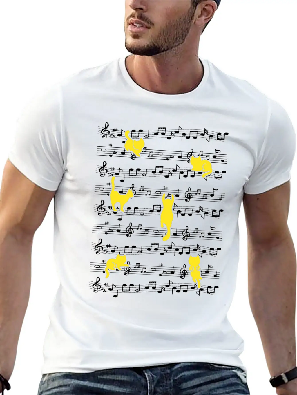 Cat Playing Musical Notes Musician Love Music Essential Cotton Tee For Daily Outfits – Unisex Style