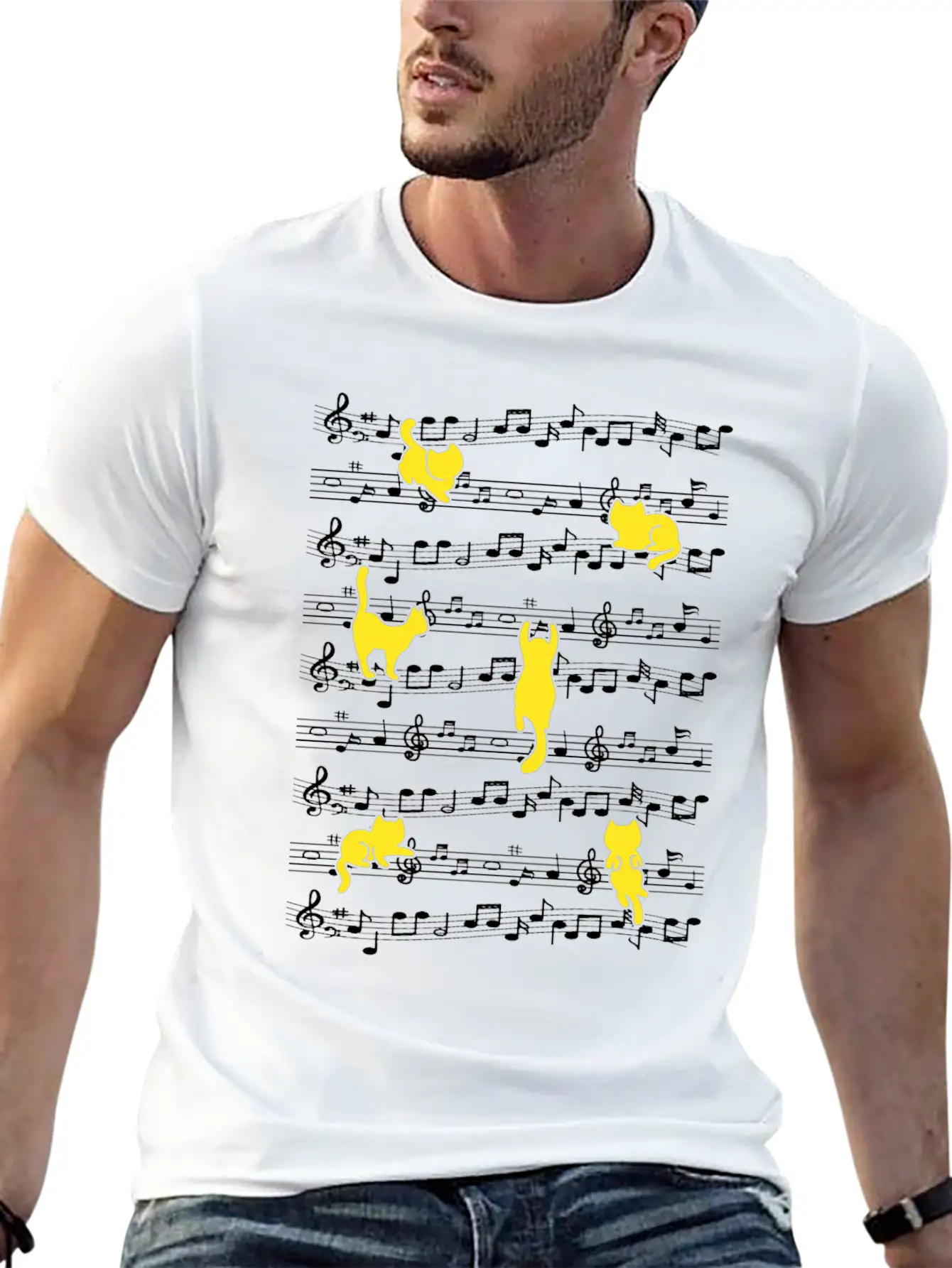 Cat Playing Musical Notes Musician Love Music Essential Cotton Tee For Daily Outfits – Unisex Style