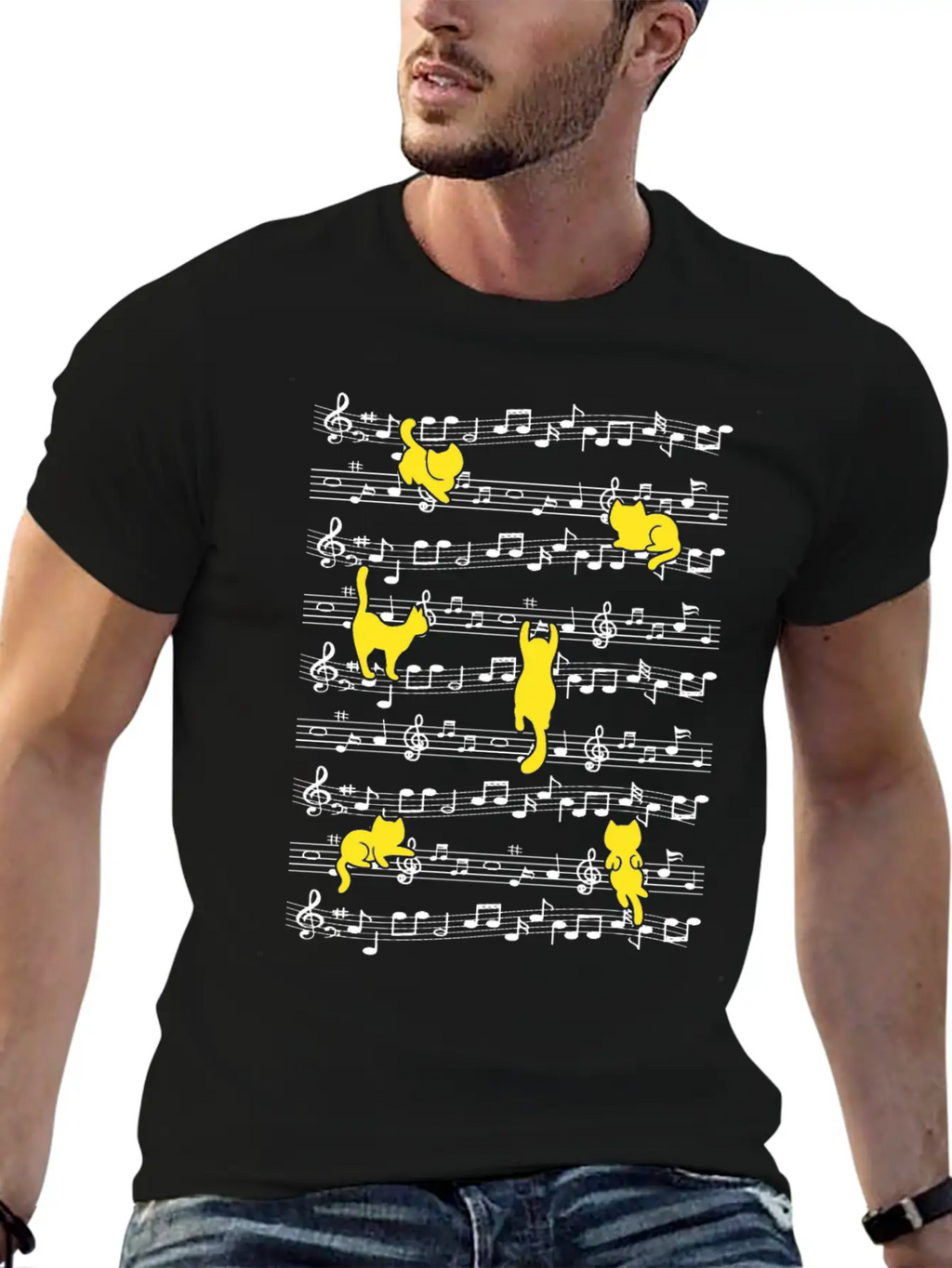 Cat Playing Musical Notes Musician Love Music Essential Cotton Tee For Daily Outfits – Unisex Style
