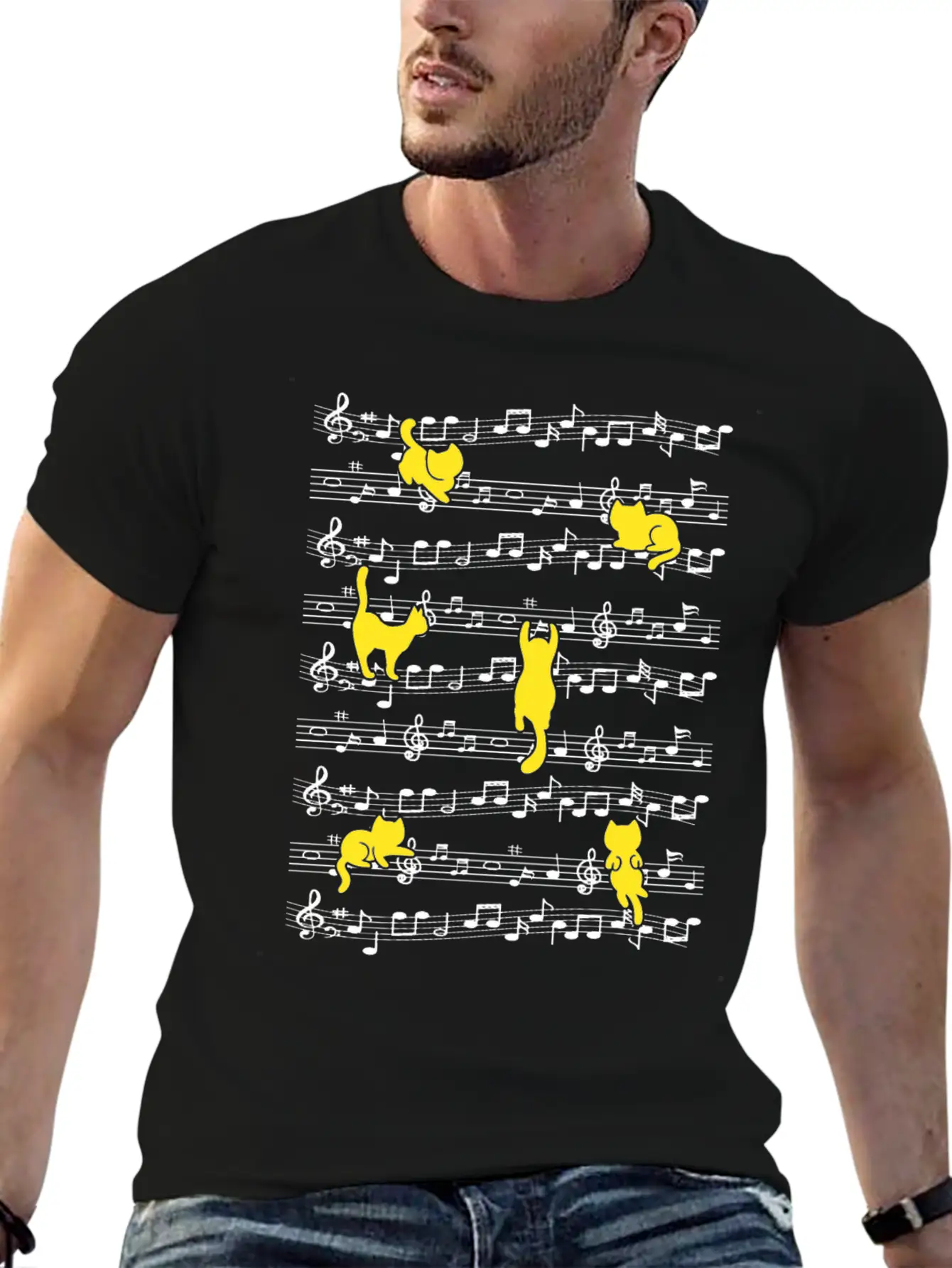 Cat Playing Musical Notes Musician Love Music Essential Cotton Tee For Daily Outfits – Unisex Style