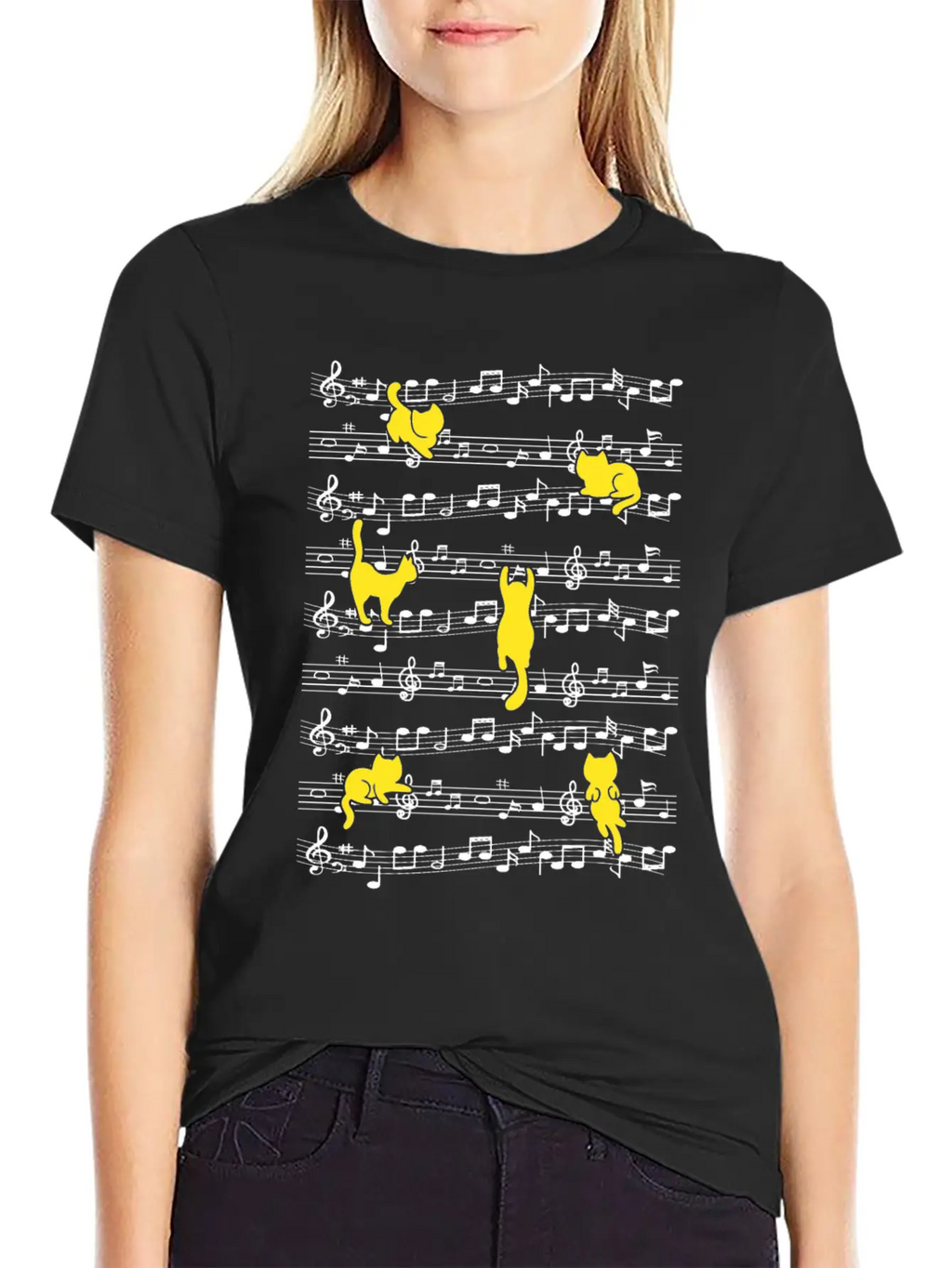 Cat Playing Musical Notes Musician Love Music Essential Cotton Tee For Daily Outfits – Unisex Style