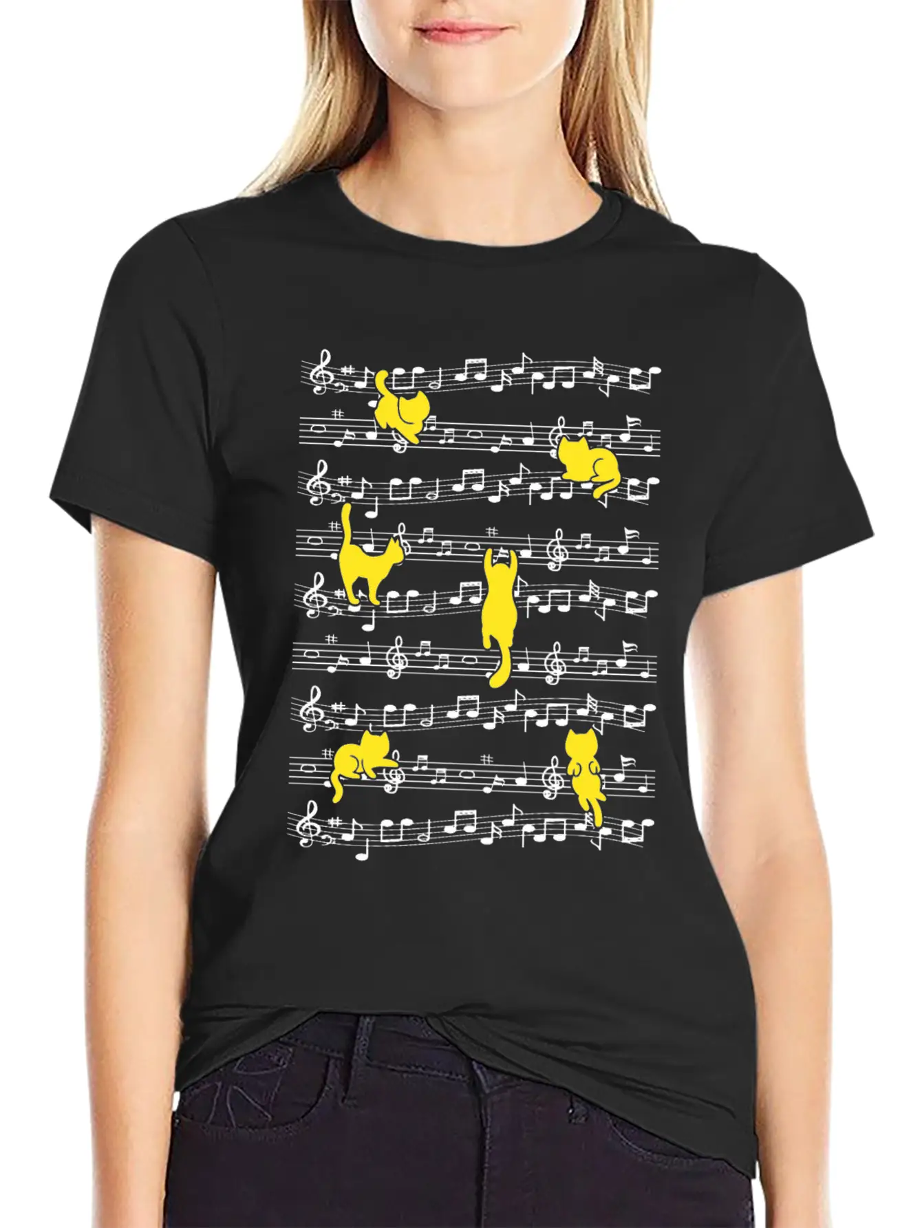 Cat Playing Musical Notes Musician Love Music Essential Cotton Tee For Daily Outfits – Unisex Style