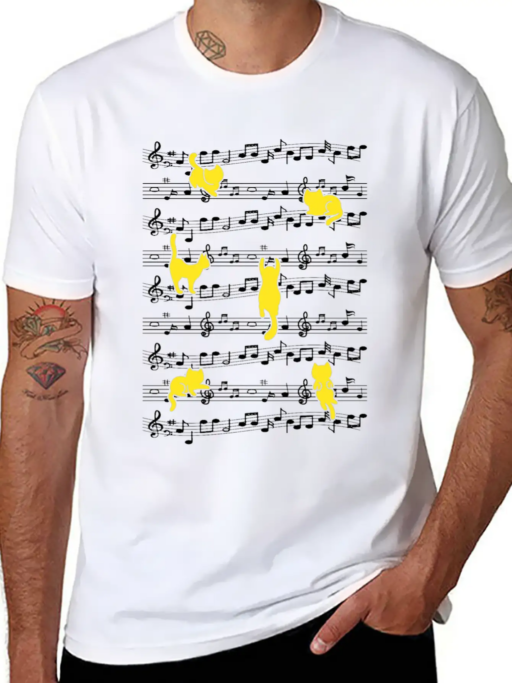 Cat Playing Musical Notes Musician Love Music Essential Cotton Tee For Daily Outfits – Unisex Style