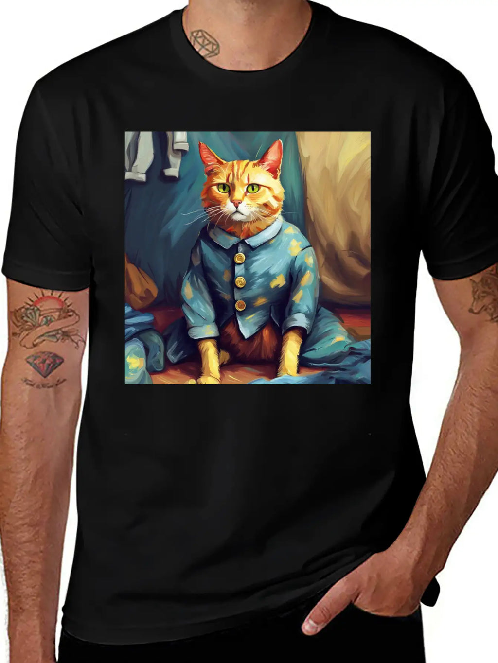 Cat Van Gogh Style Breathable Soft Cotton T-Shirt – Timeless Casual Look