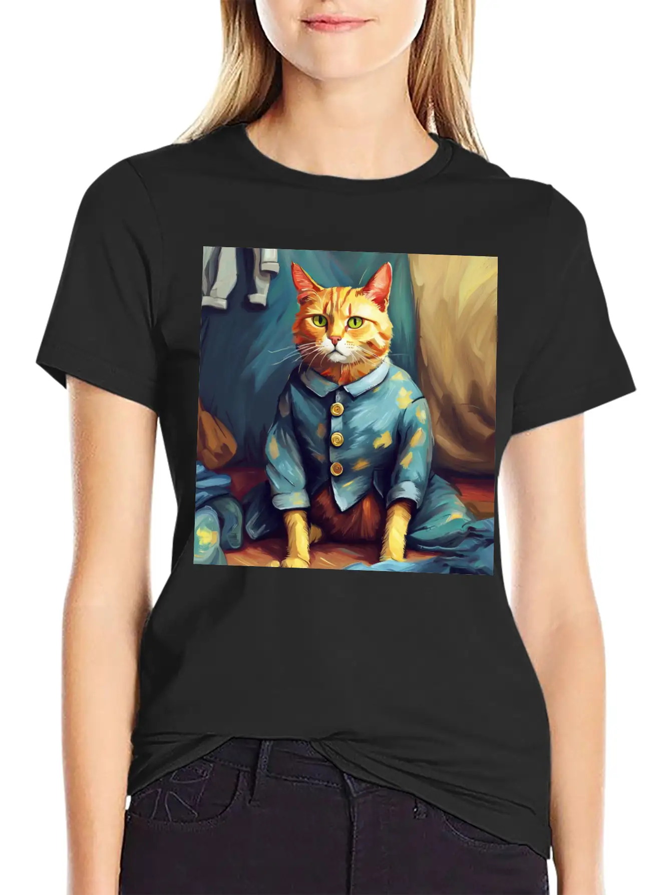 Cat Van Gogh Style Breathable Soft Cotton T-Shirt – Timeless Casual Look