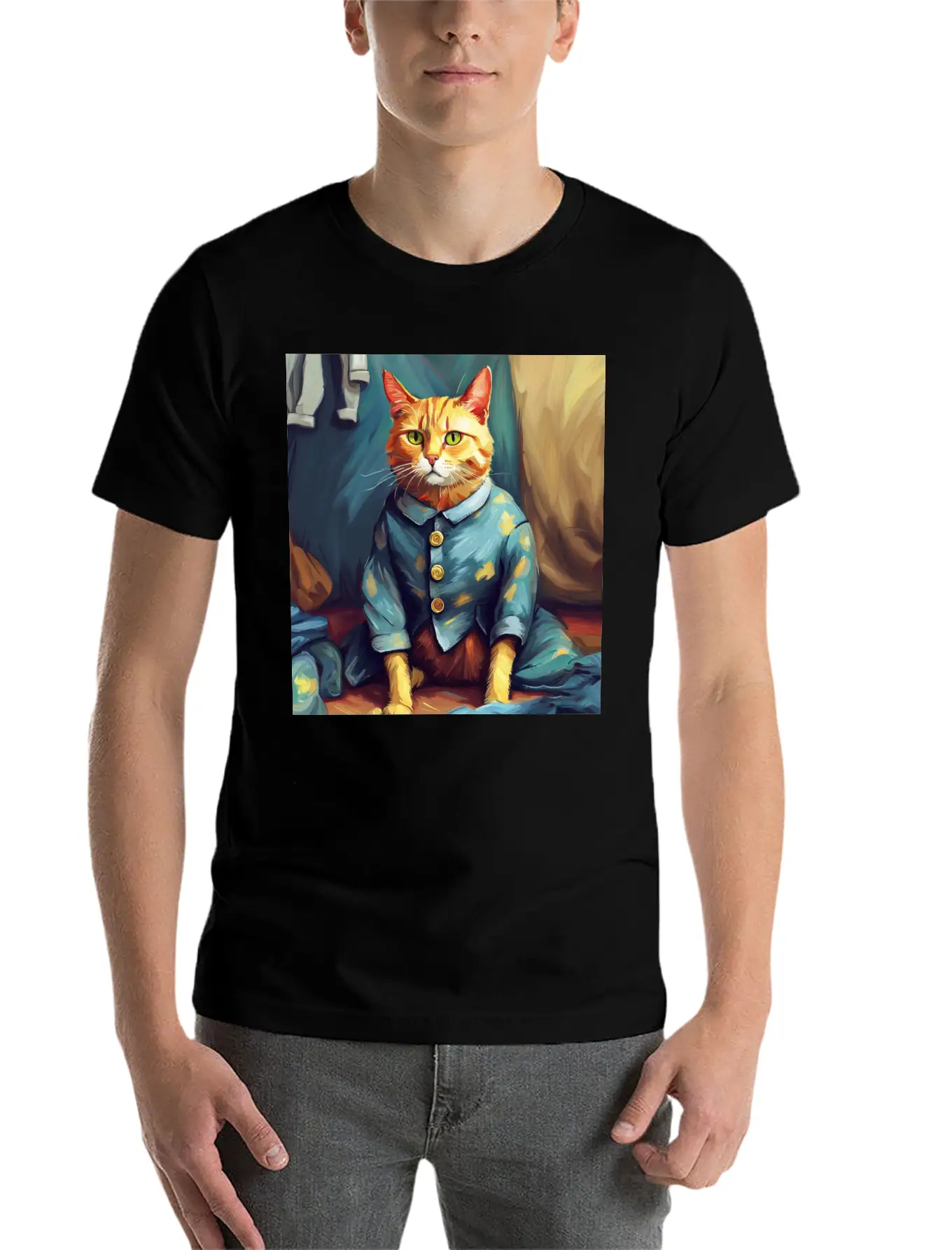 Cat Van Gogh Style Breathable Soft Cotton T-Shirt – Timeless Casual Look