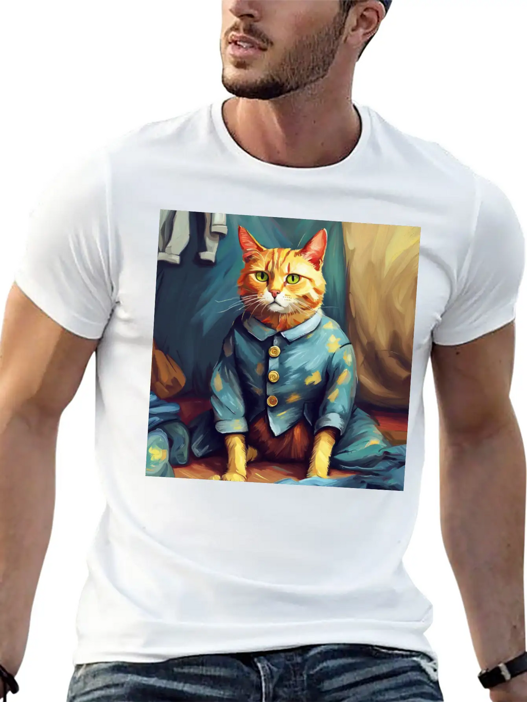 Cat Van Gogh Style Breathable Soft Cotton T-Shirt – Timeless Casual Look