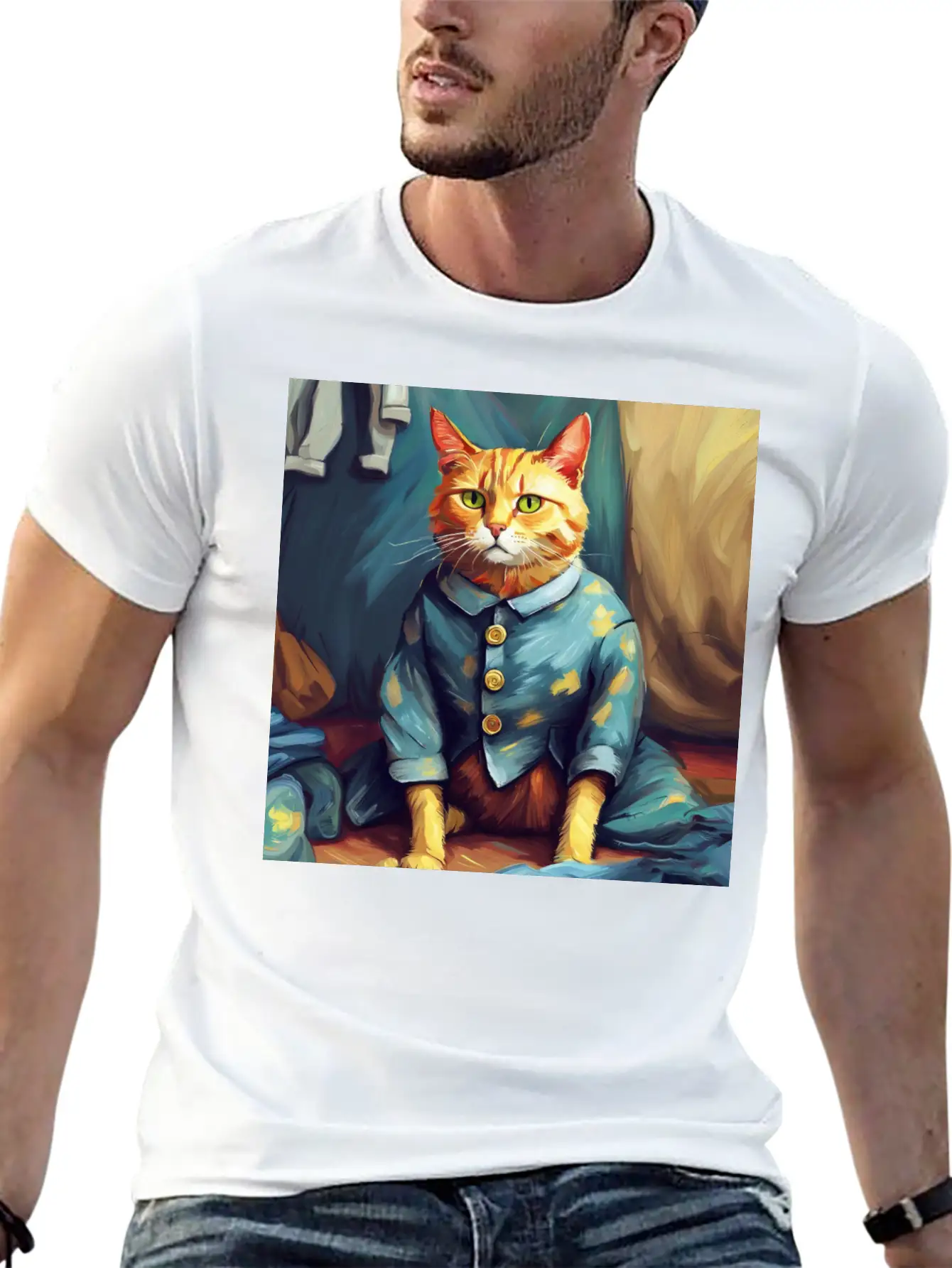 Cat Van Gogh Style Breathable Soft Cotton T-Shirt – Timeless Casual Look