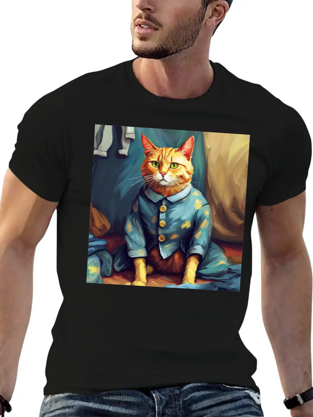 Cat Van Gogh Style Breathable Soft Cotton T-Shirt – Timeless Casual Look