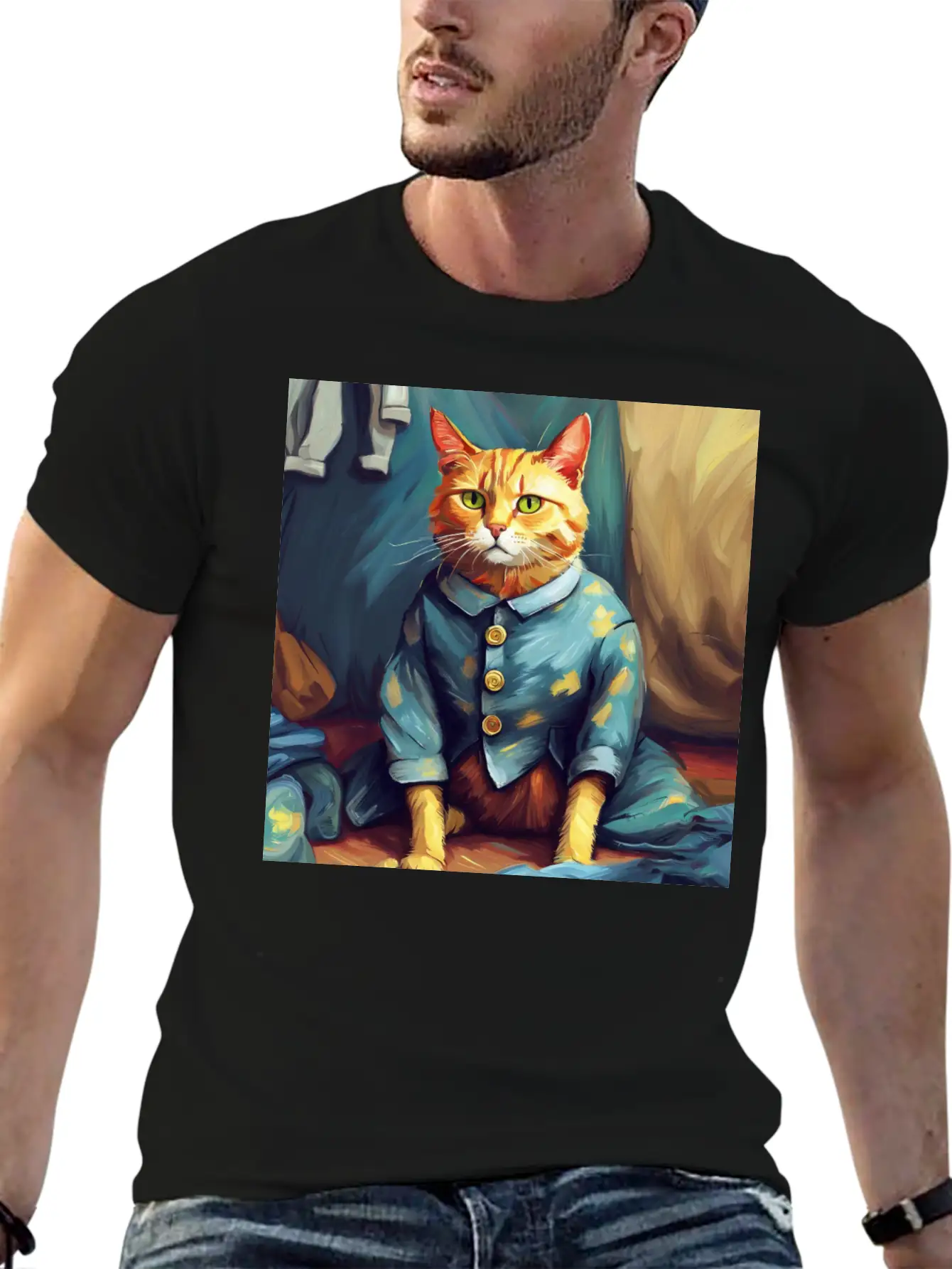 Cat Van Gogh Style Breathable Soft Cotton T-Shirt – Timeless Casual Look
