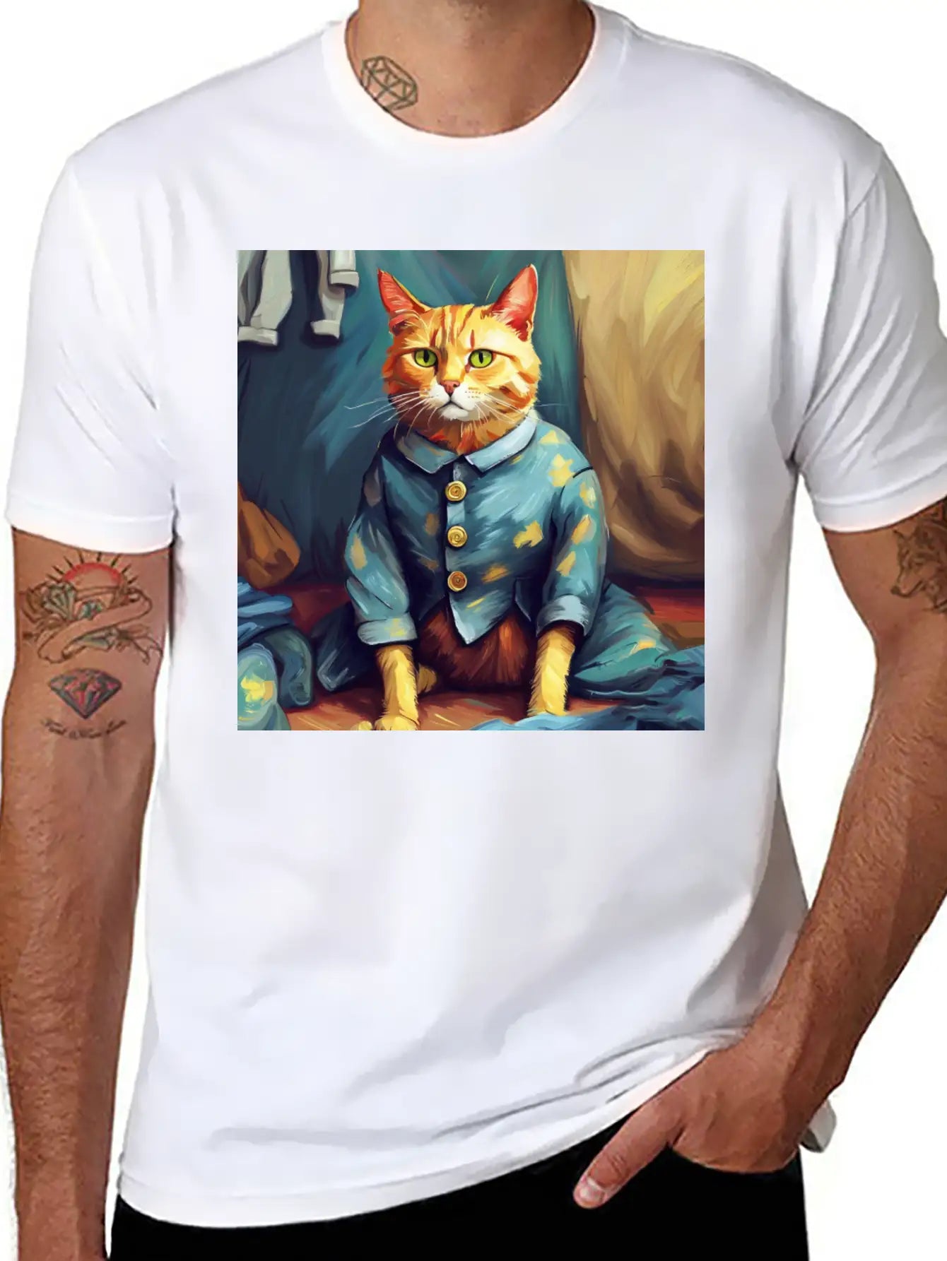 Cat Van Gogh Style Breathable Soft Cotton T-Shirt – Timeless Casual Look