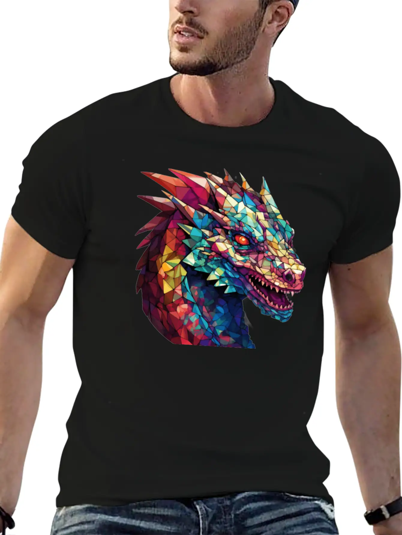 Cerulean Coil: The Stained Glass Dragon Unisex Casual T-Shirt – Clean Design For Daily Comfort