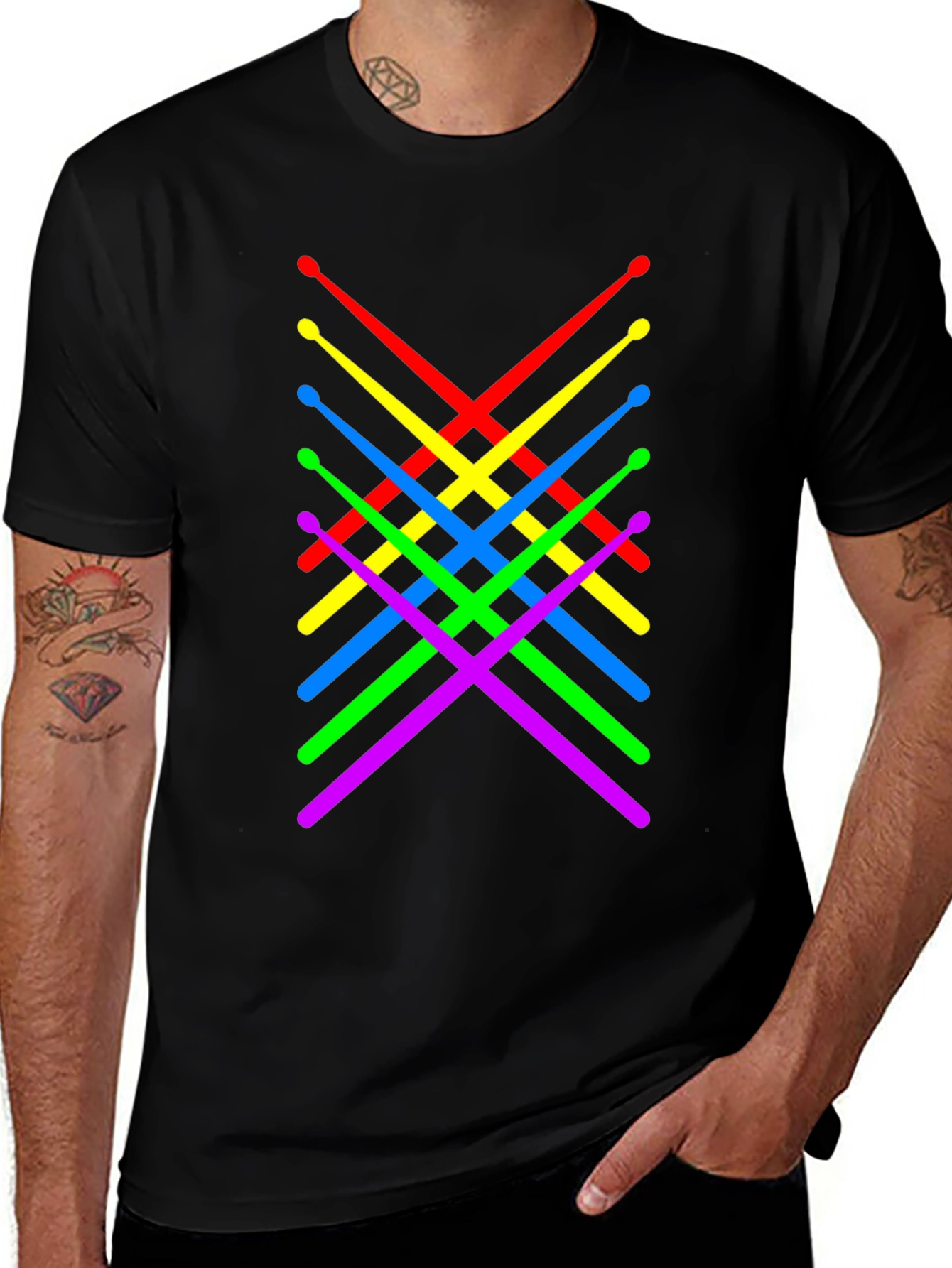 Colorful Drumsticks Graphic T-Shirt - Black