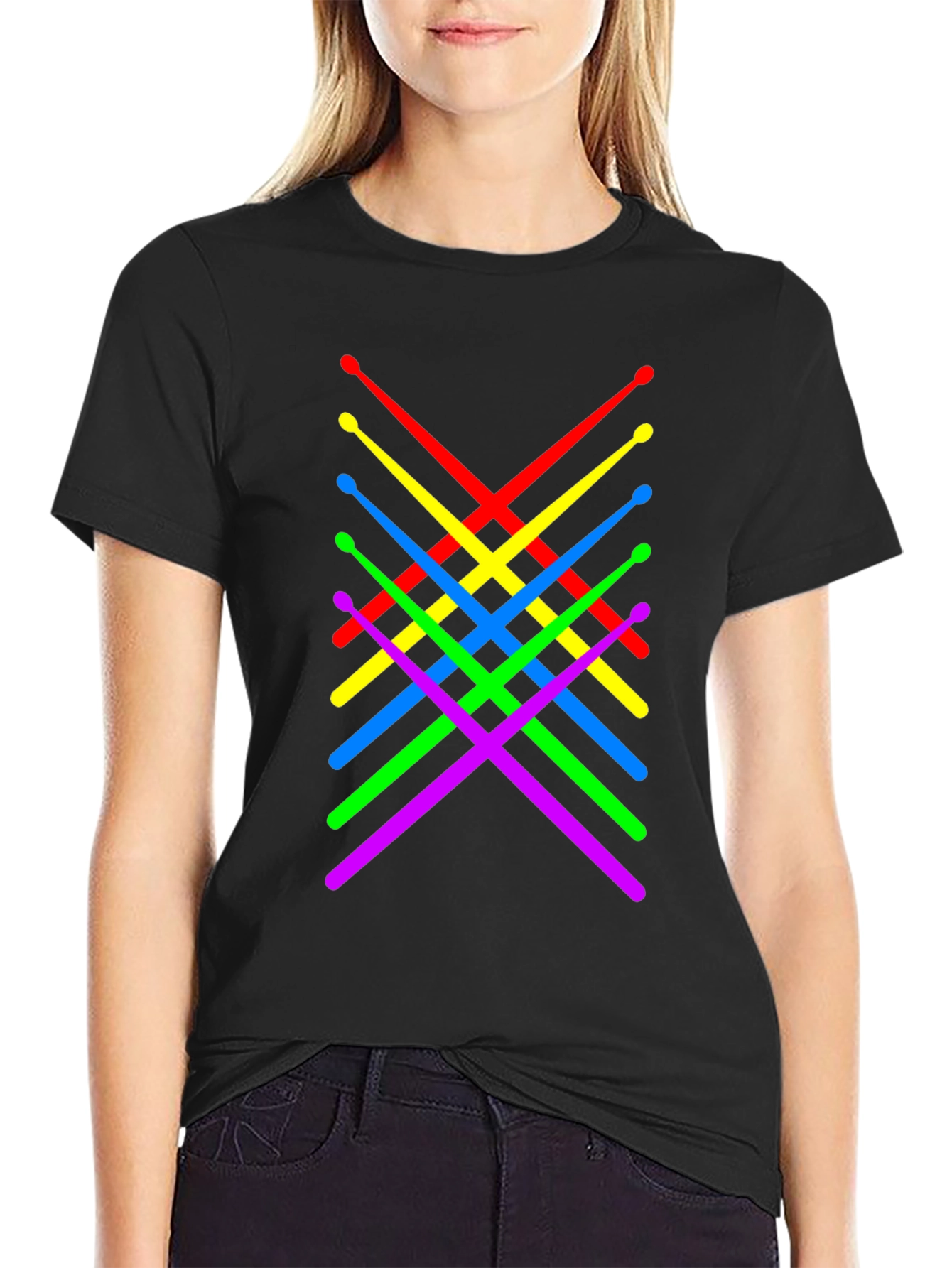 Colorful Drumsticks Graphic T-Shirt - Black