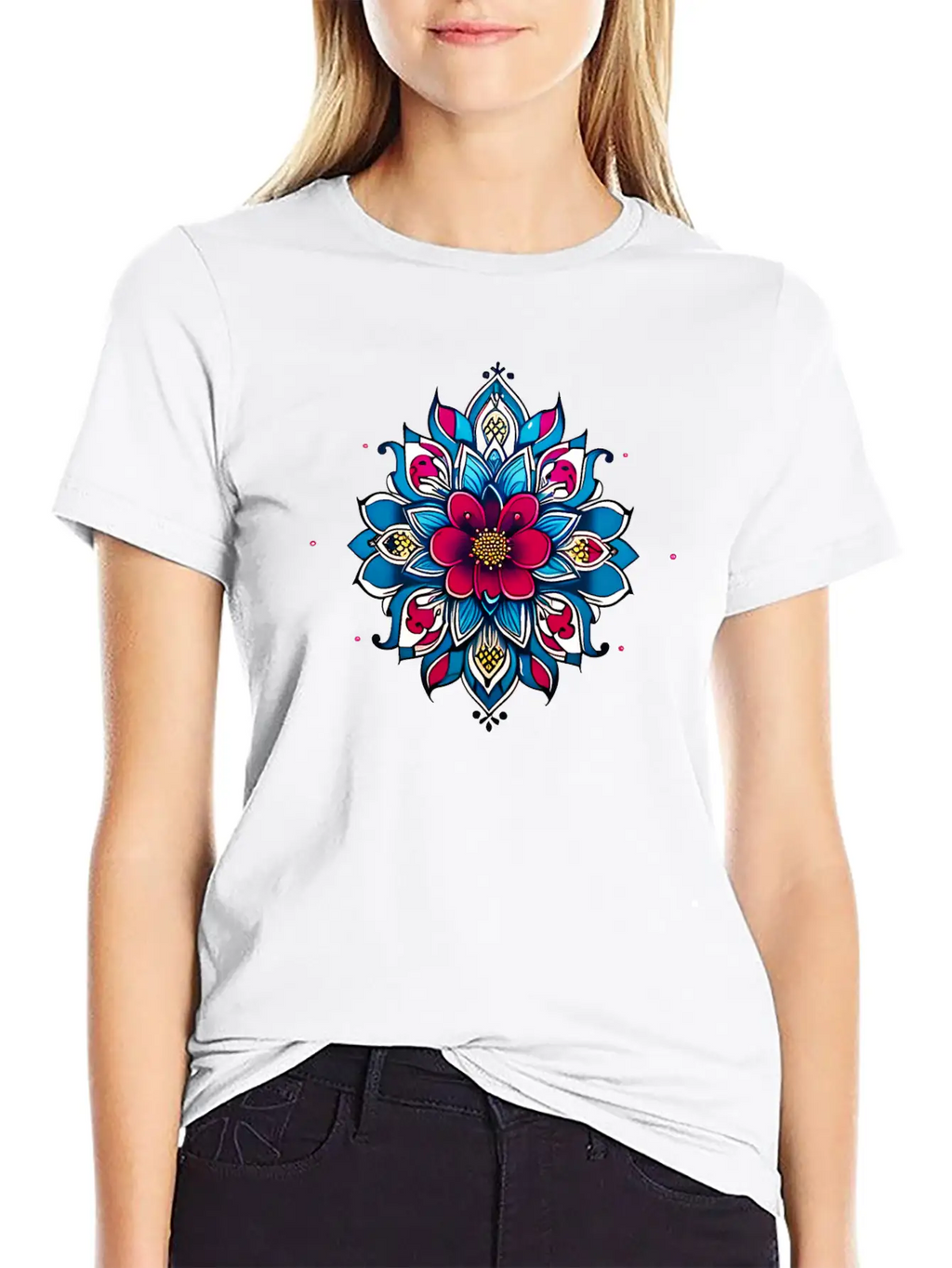 Cherry Blossom Mandala Breathable Soft Cotton T-Shirt – Timeless Casual Look