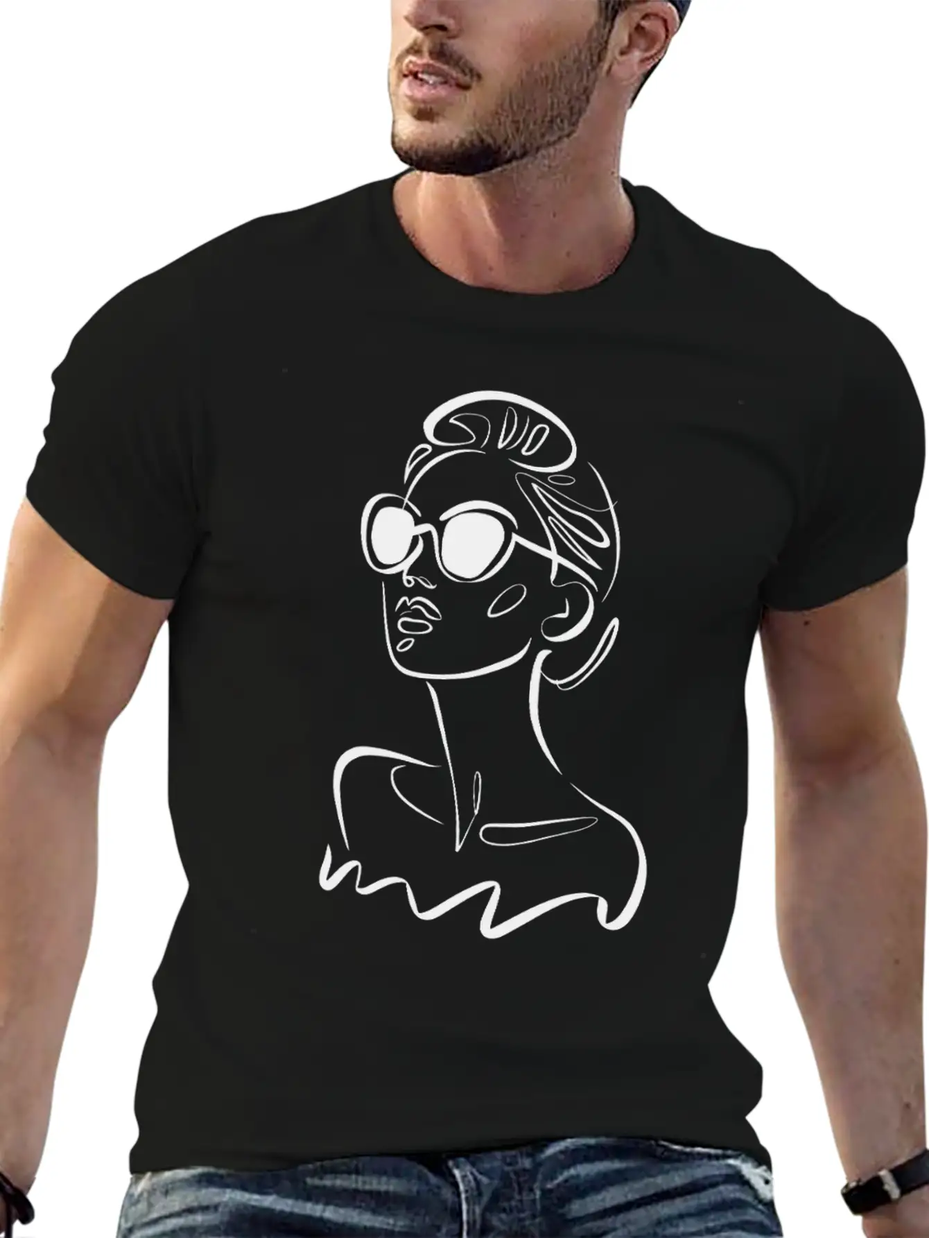 Chic Fashionable Woman Line Art With Sunglasses Unisex Casual T-Shirt – Clean Design For Daily Comfort