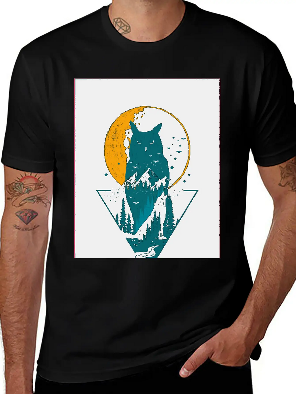 Classy And Minimalist Double Exposure WOLF And OWL Classic Fit Graphic Tee For Daily Comfort – Unisex Cotton Shirt