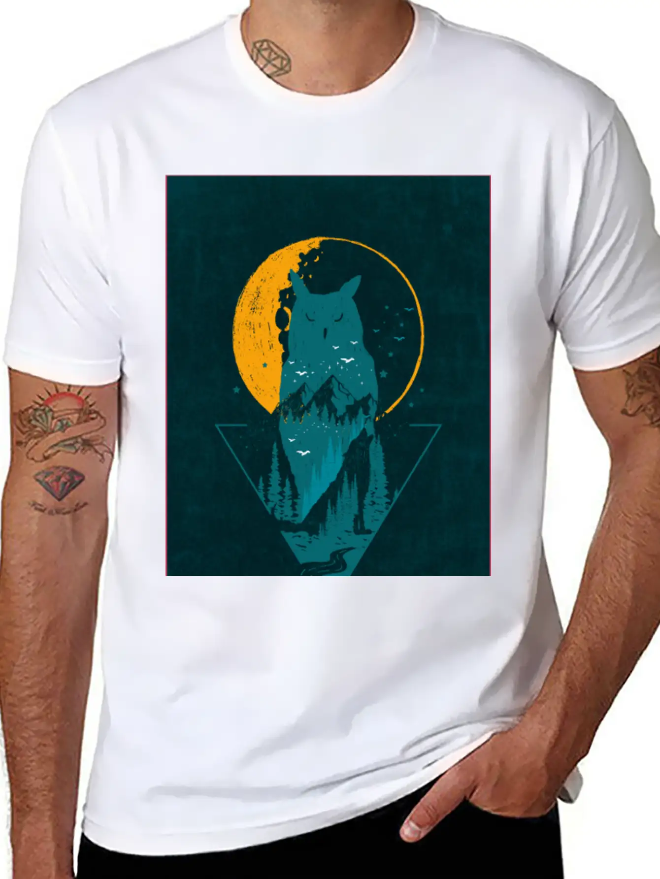Classy And Minimalist Double Exposure WOLF And OWL Classic Fit Graphic Tee For Daily Comfort – Unisex Cotton Shirt