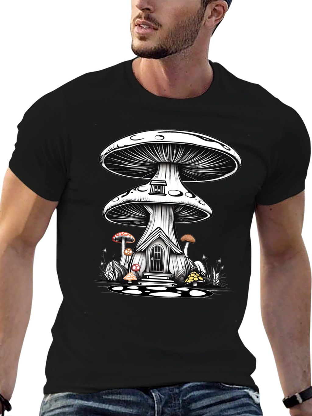 Mushroom House Graphic Tee - Whimsical Fantasy Shirt