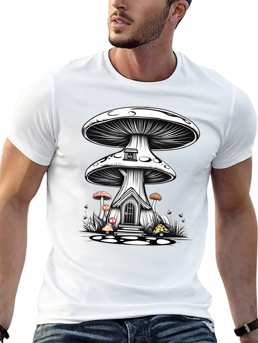 Mushroom House Graphic Tee - Whimsical Fantasy Shirt