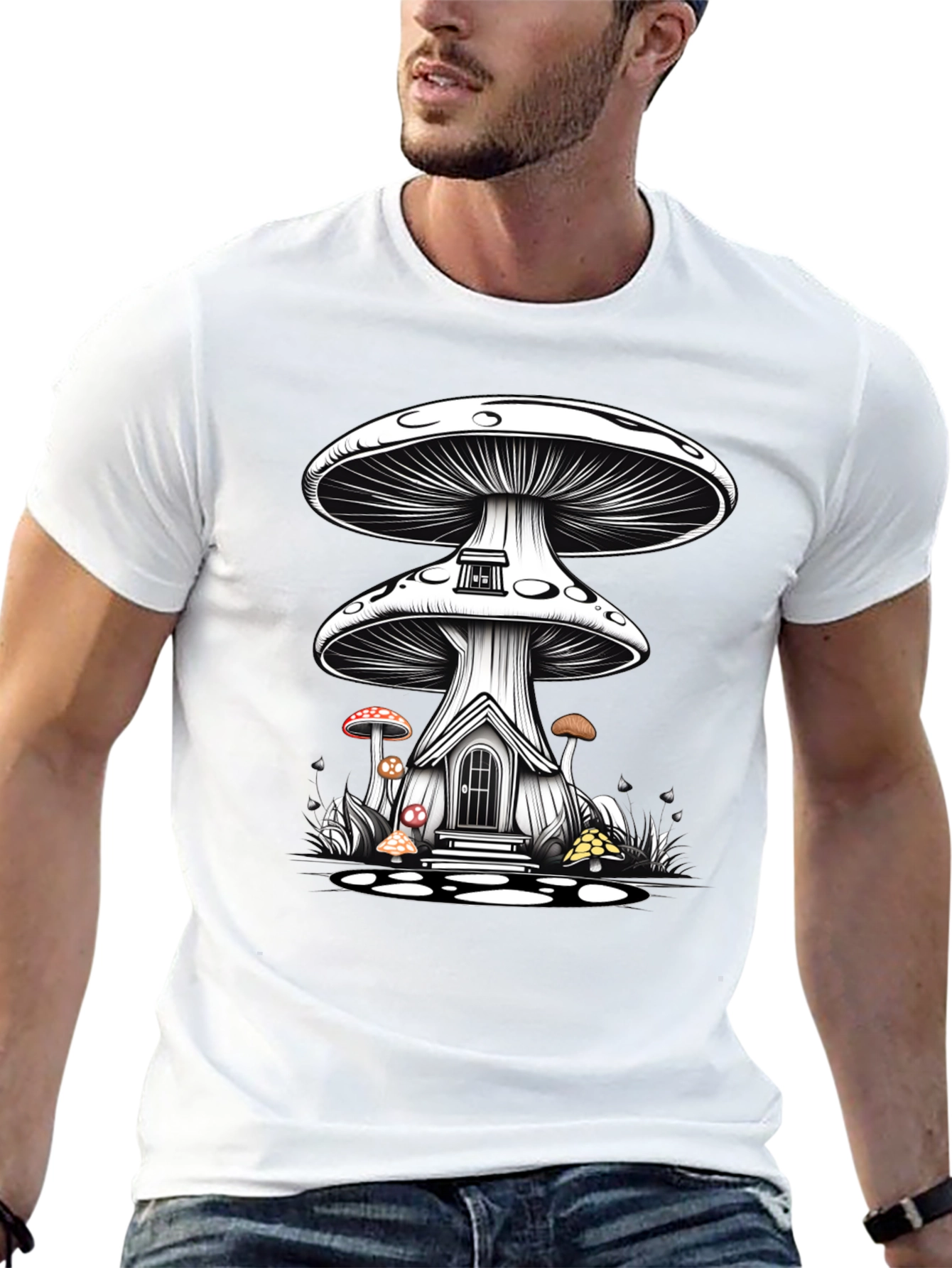 Mushroom House Graphic Tee - Whimsical Fantasy Shirt