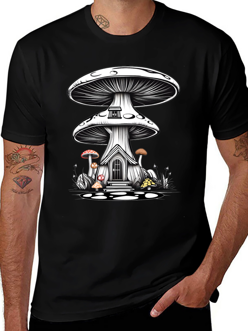 Mushroom House Graphic Tee - Whimsical Fantasy Shirt