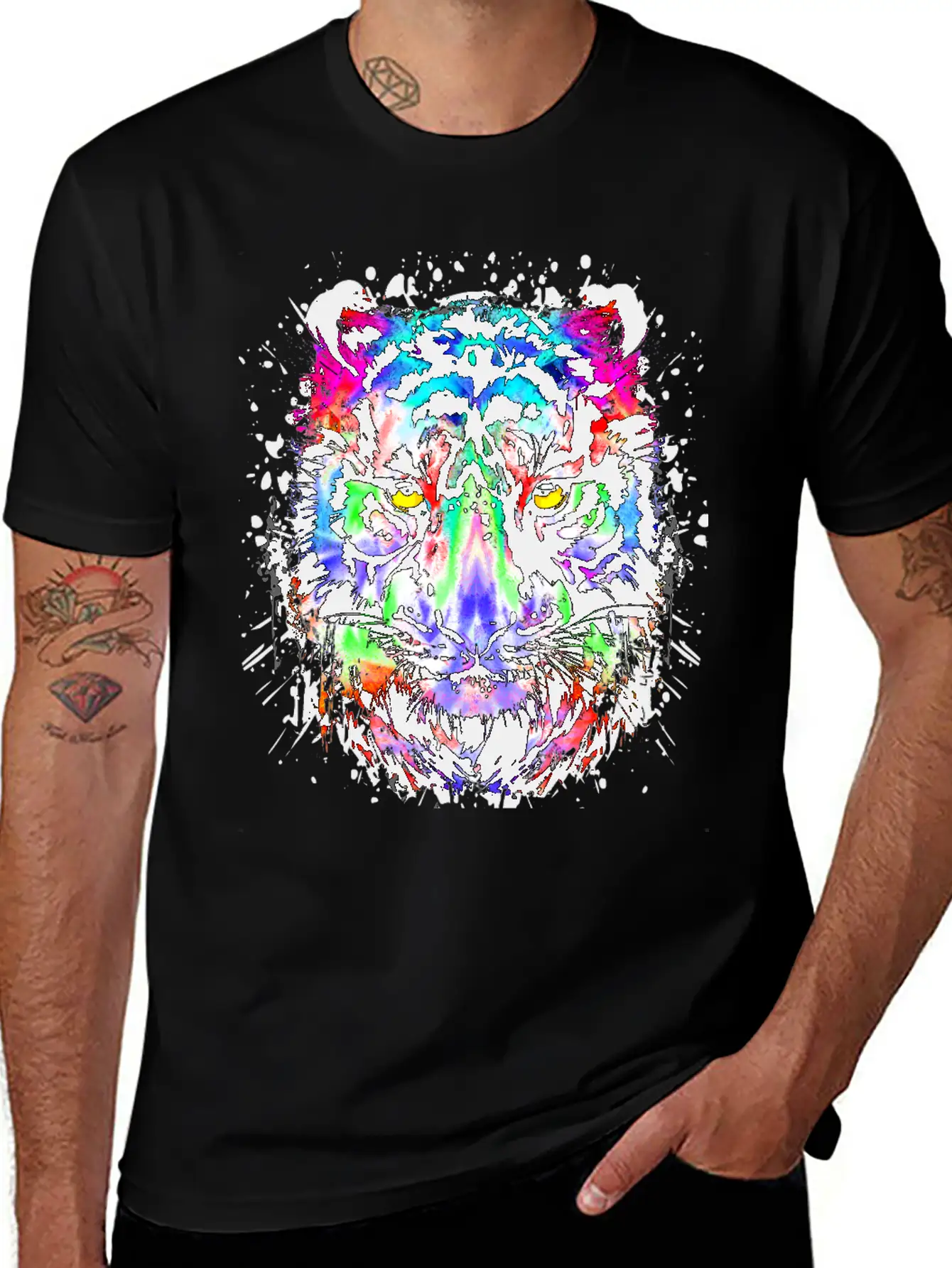 Color Splash Tiger Head - Colorful Tiger Face Unisex Short Sleeve Soft Cotton T-Shirt – Casual Everyday Wear