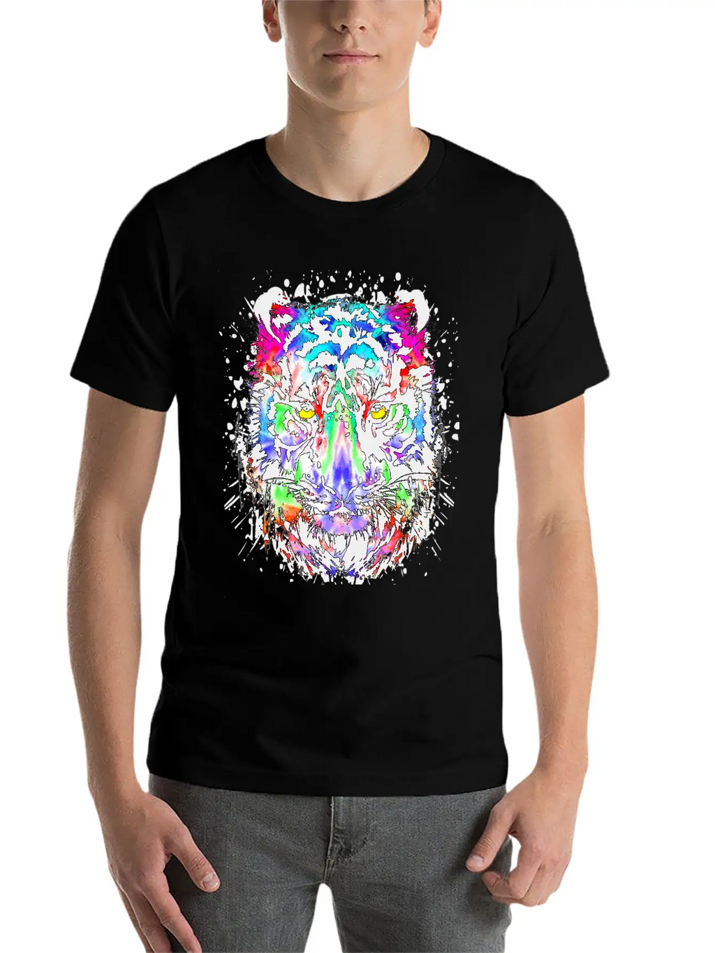 Color Splash Tiger Head - Colorful Tiger Face Unisex Short Sleeve Soft Cotton T-Shirt – Casual Everyday Wear