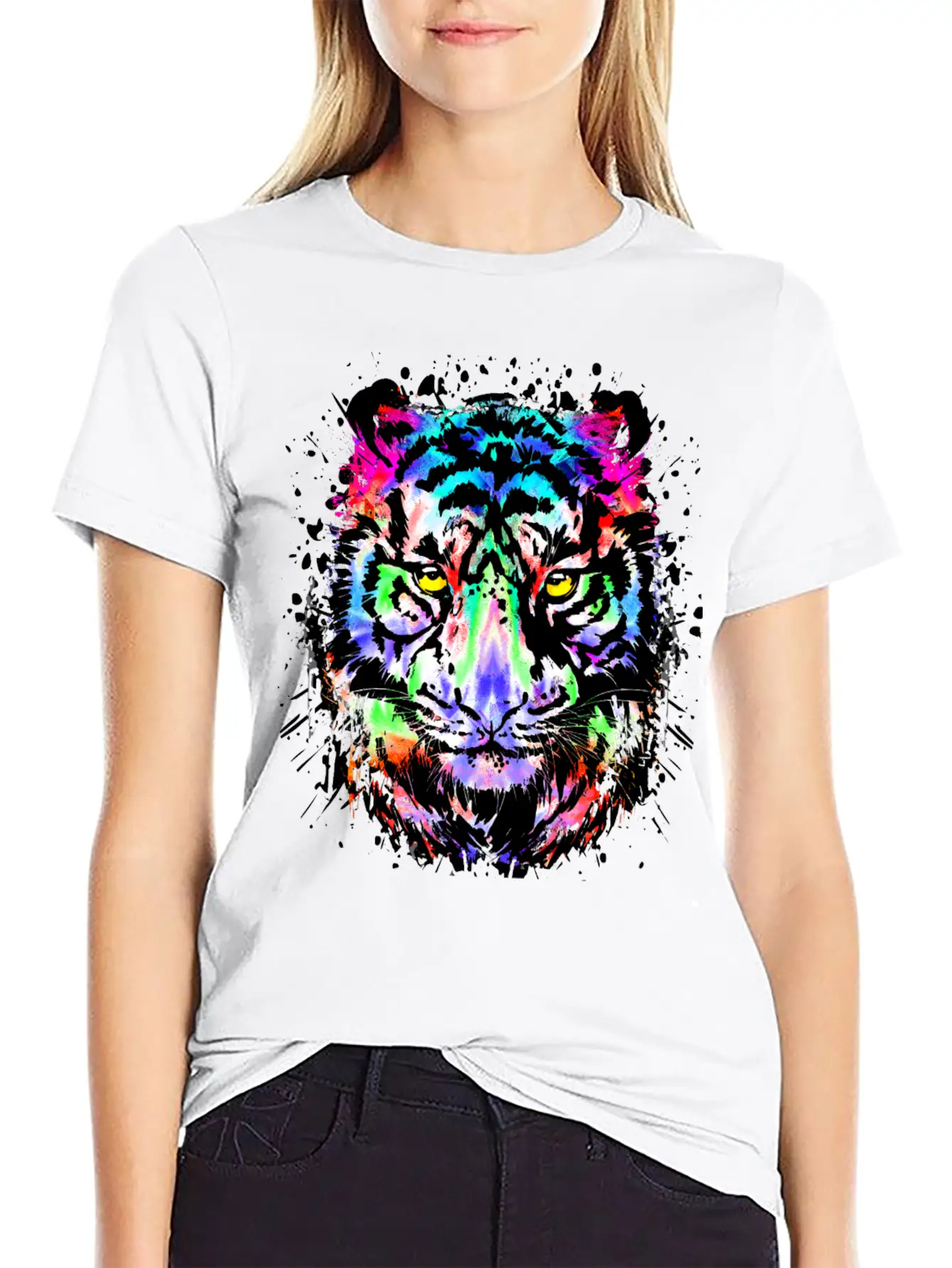 Color Splash Tiger Head - Colorful Tiger Face Unisex Short Sleeve Soft Cotton T-Shirt – Casual Everyday Wear