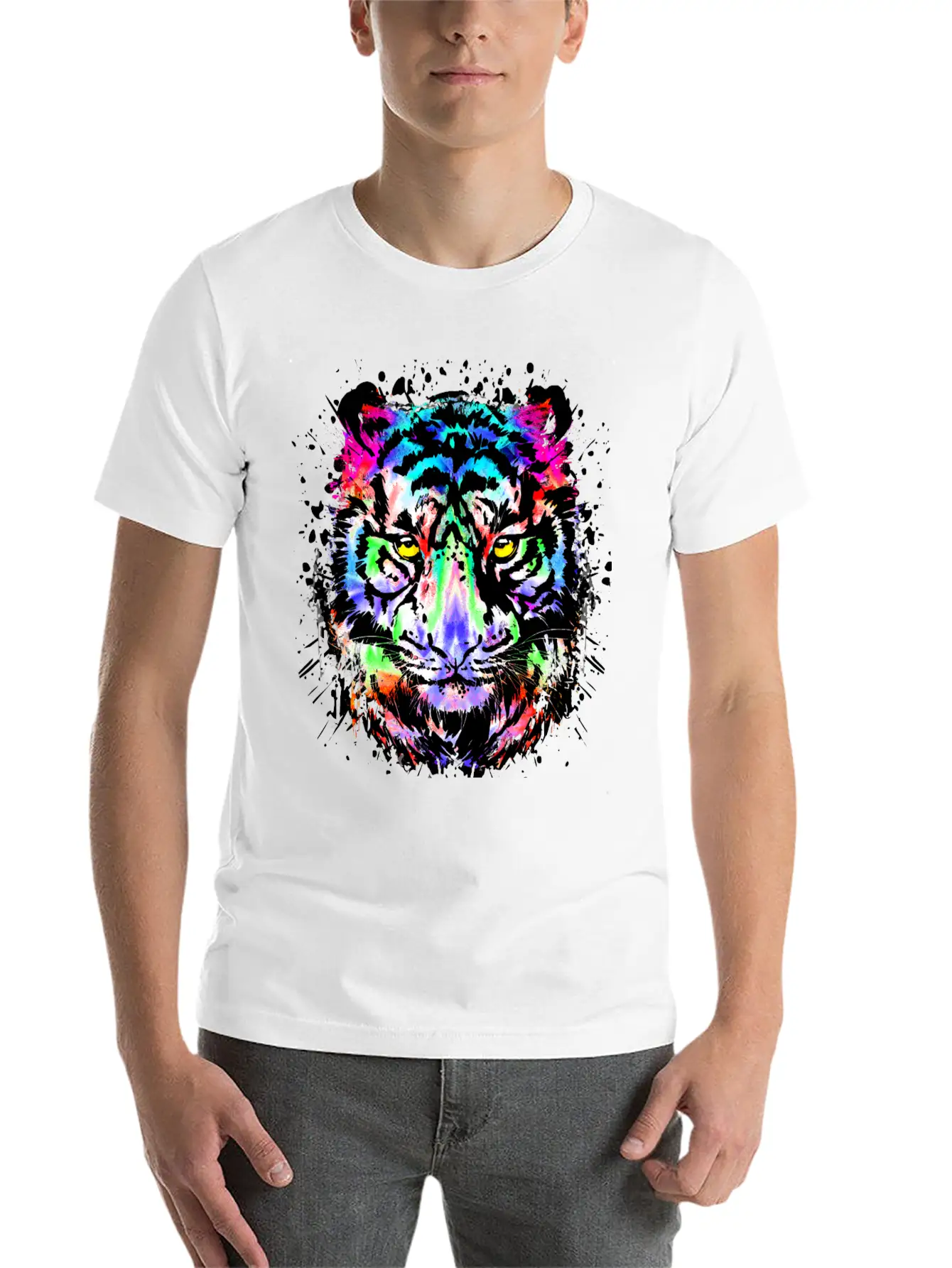 Color Splash Tiger Head - Colorful Tiger Face Unisex Short Sleeve Soft Cotton T-Shirt – Casual Everyday Wear