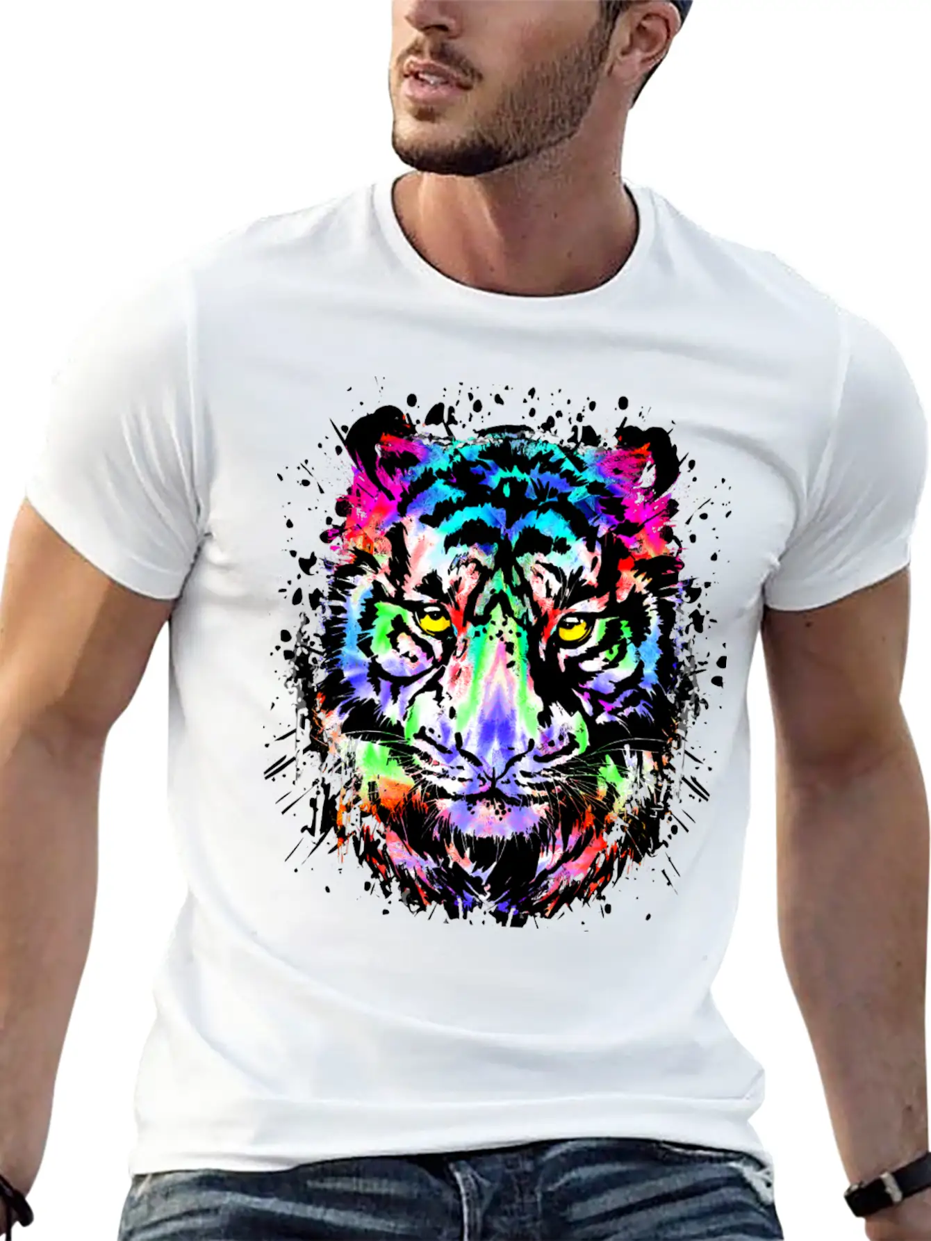 Color Splash Tiger Head - Colorful Tiger Face Unisex Short Sleeve Soft Cotton T-Shirt – Casual Everyday Wear