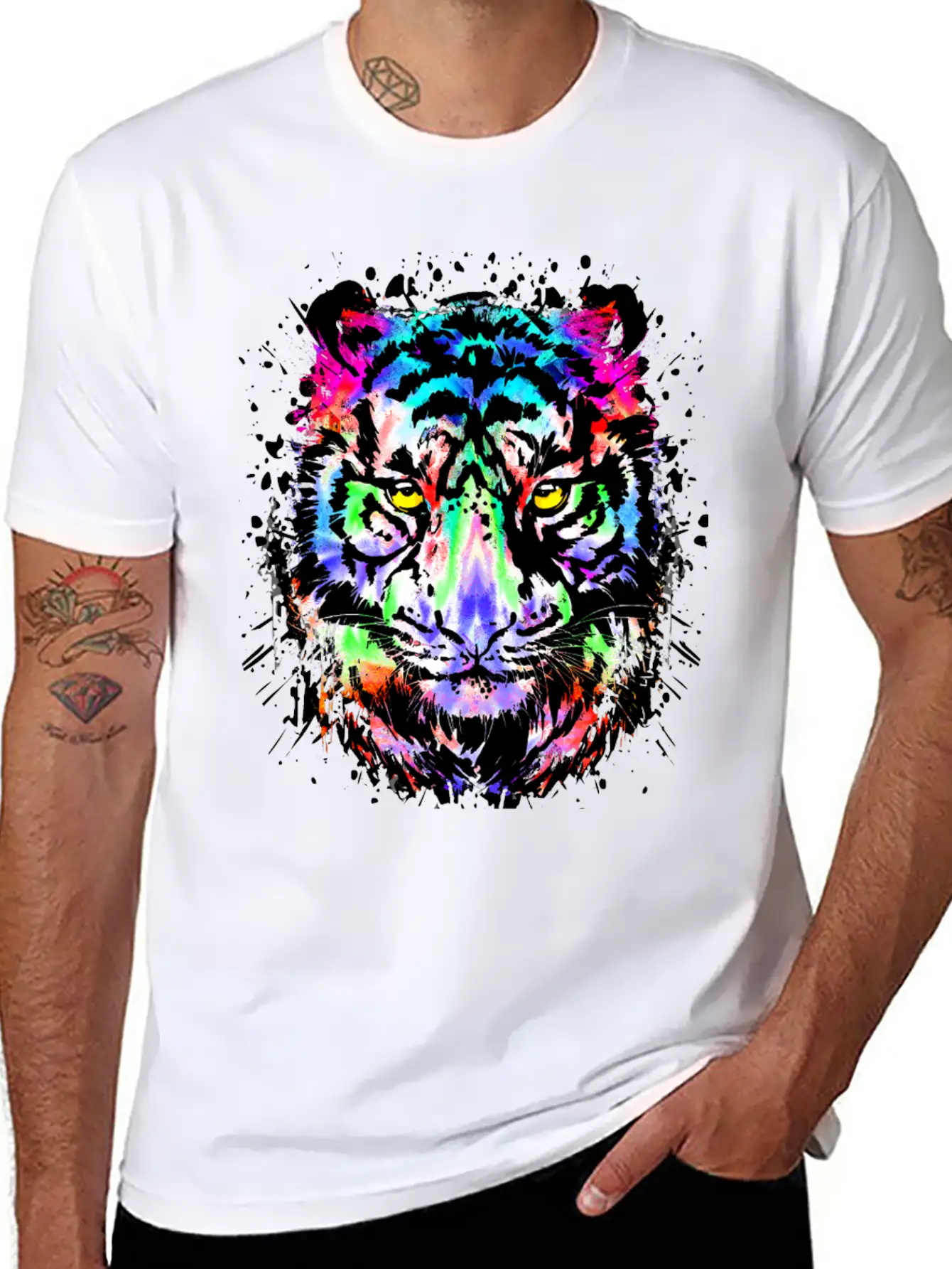 Color Splash Tiger Head - Colorful Tiger Face Unisex Short Sleeve Soft Cotton T-Shirt – Casual Everyday Wear