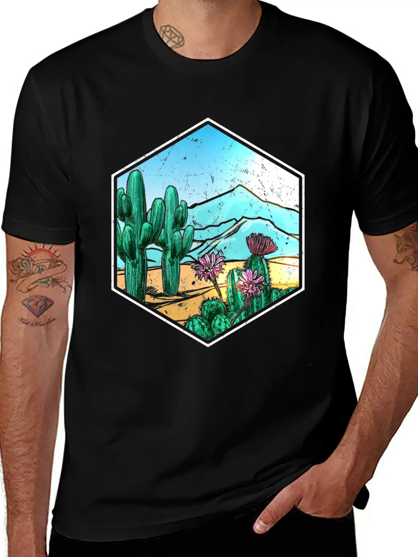 Colorful Desert Landscape Cactus Breathable Soft Cotton T-Shirt – Timeless Casual Look