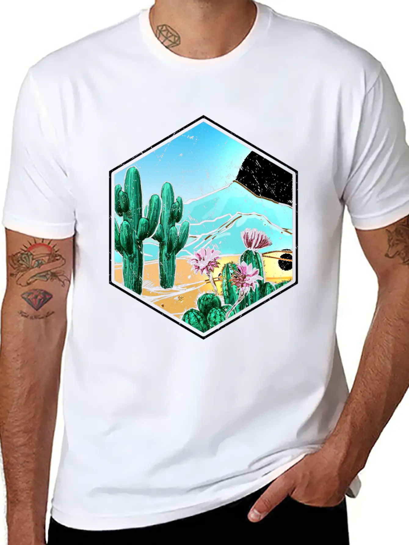 Colorful Desert Landscape Cactus Breathable Soft Cotton T-Shirt – Timeless Casual Look
