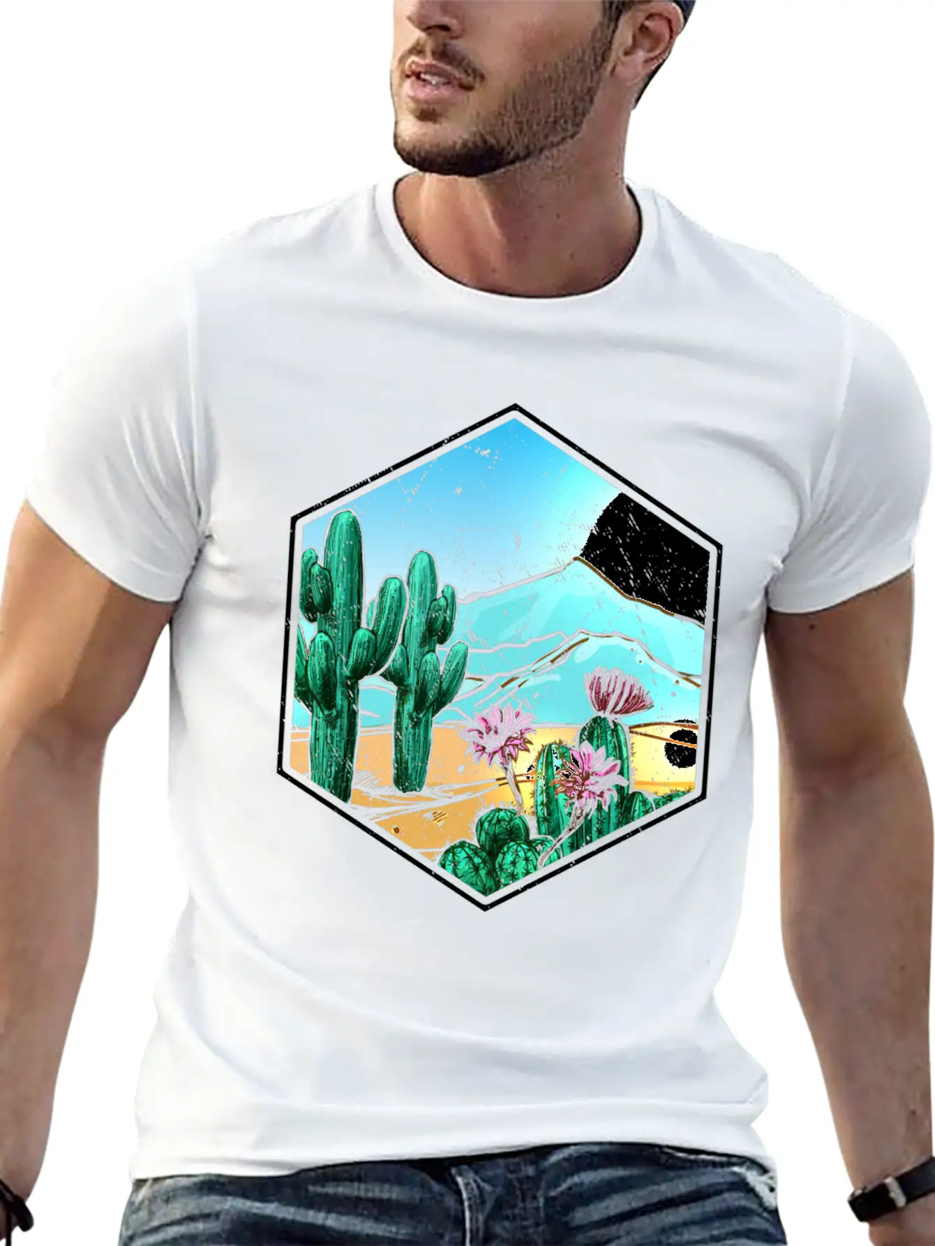 Colorful Desert Landscape Cactus Breathable Soft Cotton T-Shirt – Timeless Casual Look