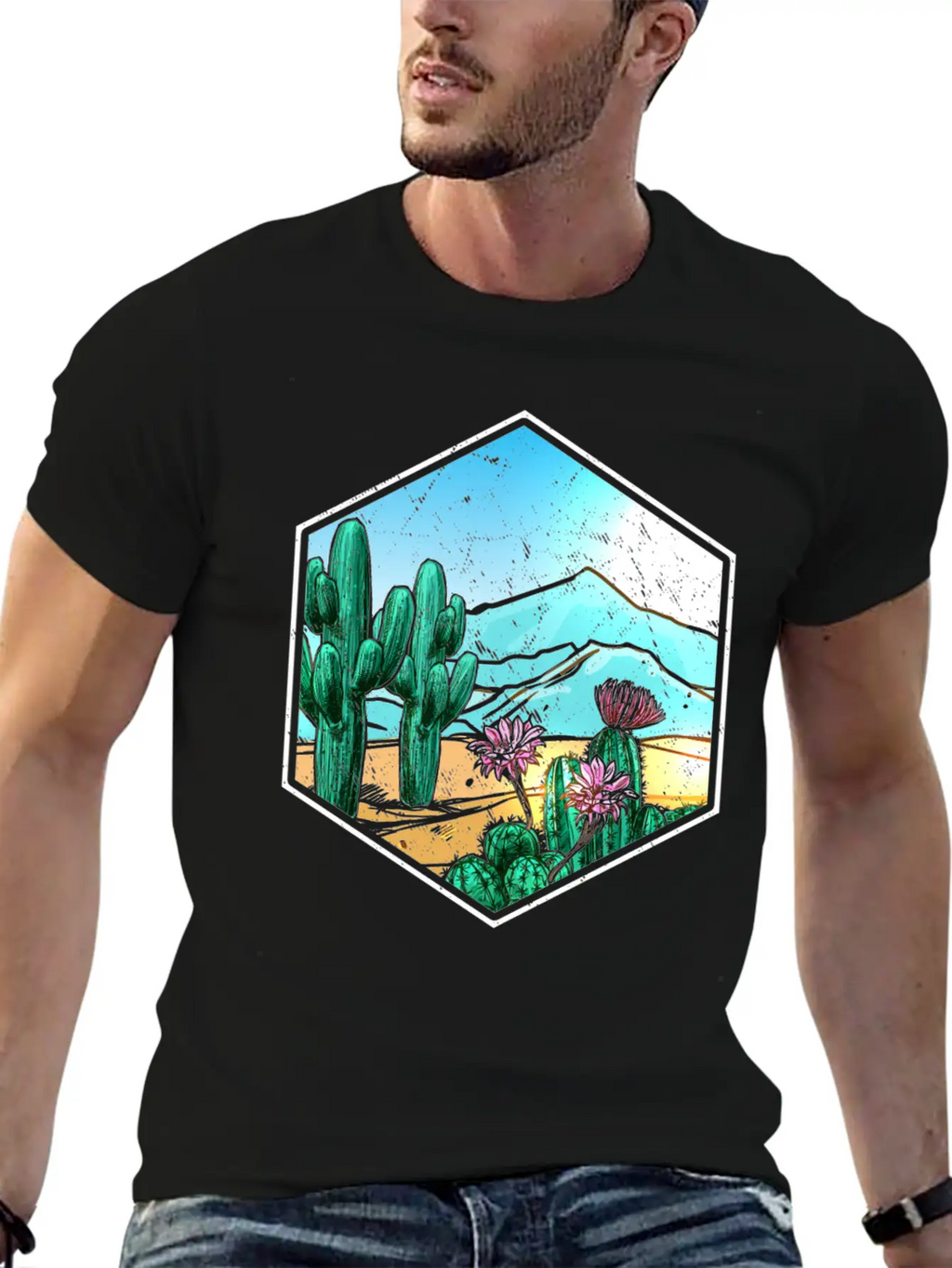 Colorful Desert Landscape Cactus Breathable Soft Cotton T-Shirt – Timeless Casual Look