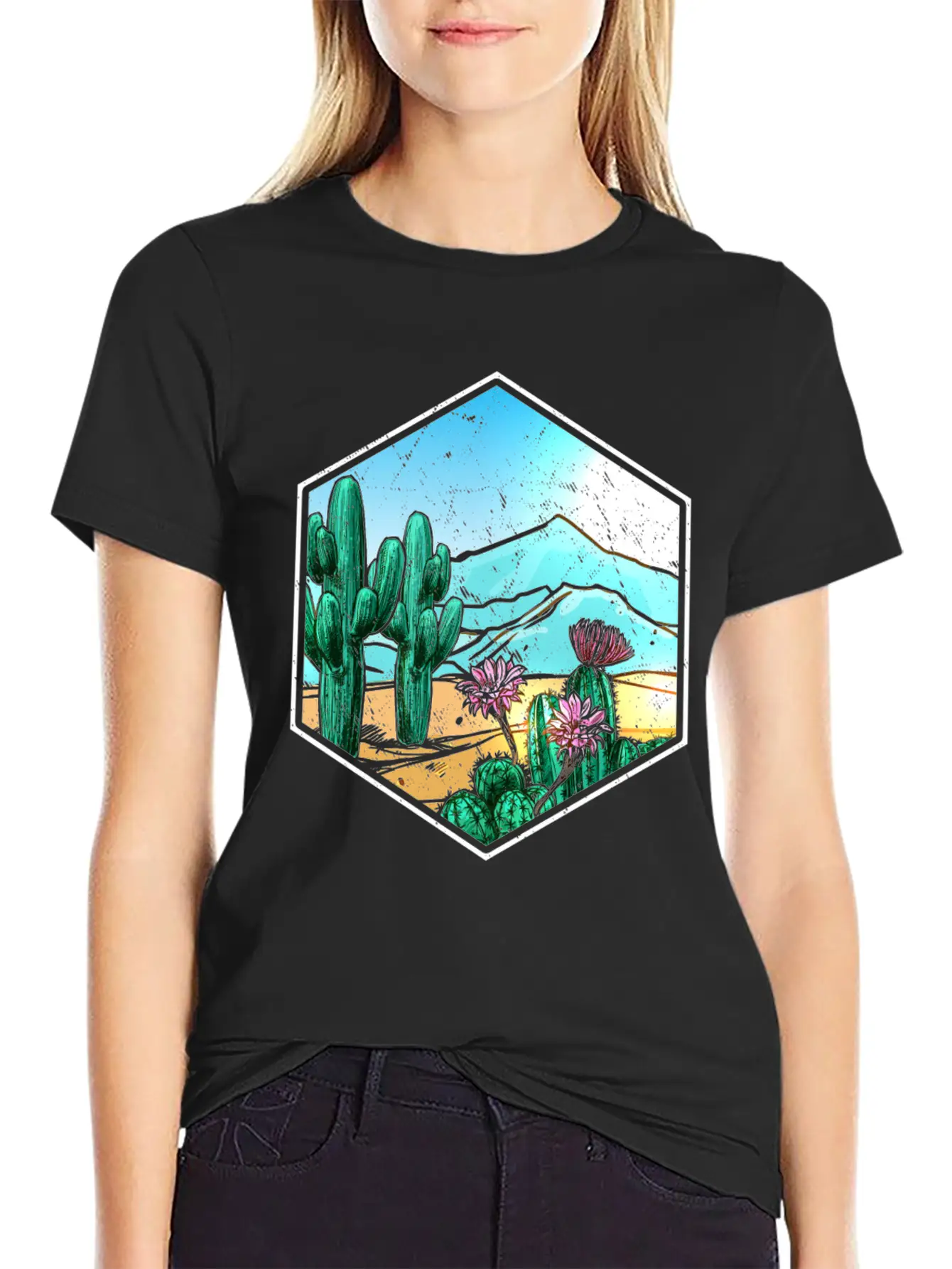 Colorful Desert Landscape Cactus Breathable Soft Cotton T-Shirt – Timeless Casual Look