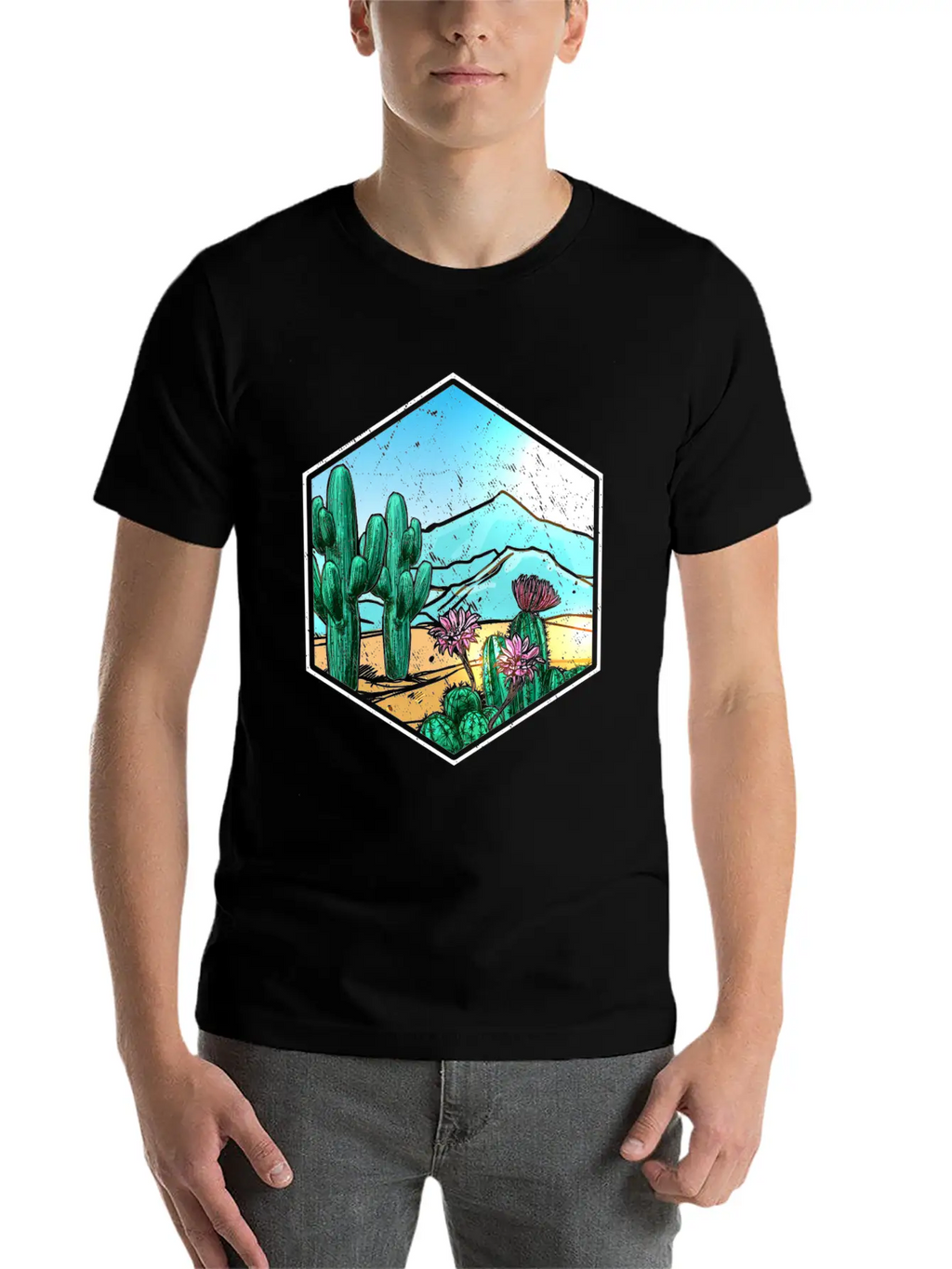 Colorful Desert Landscape Cactus Breathable Soft Cotton T-Shirt – Timeless Casual Look