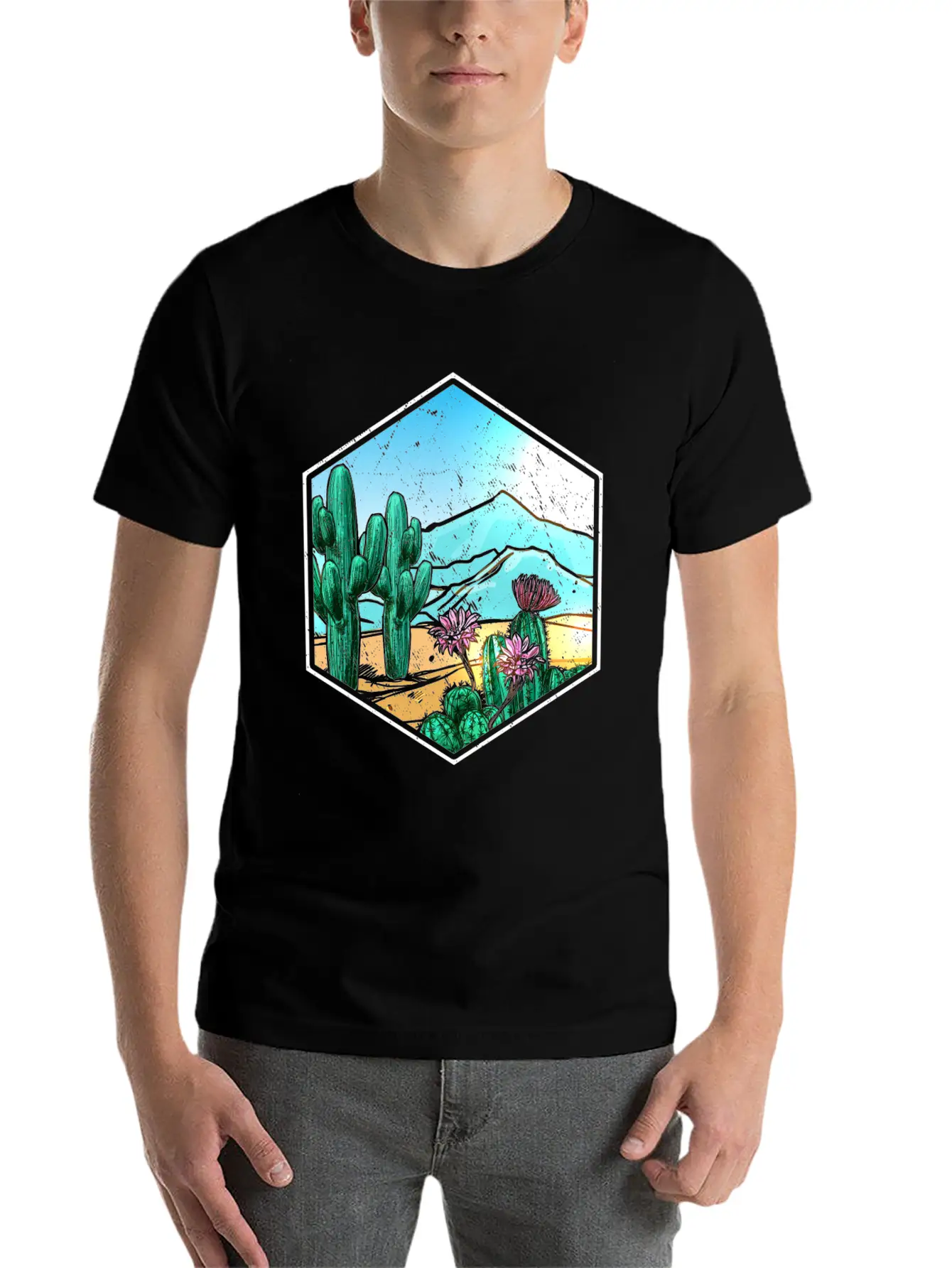 Colorful Desert Landscape Cactus Breathable Soft Cotton T-Shirt – Timeless Casual Look