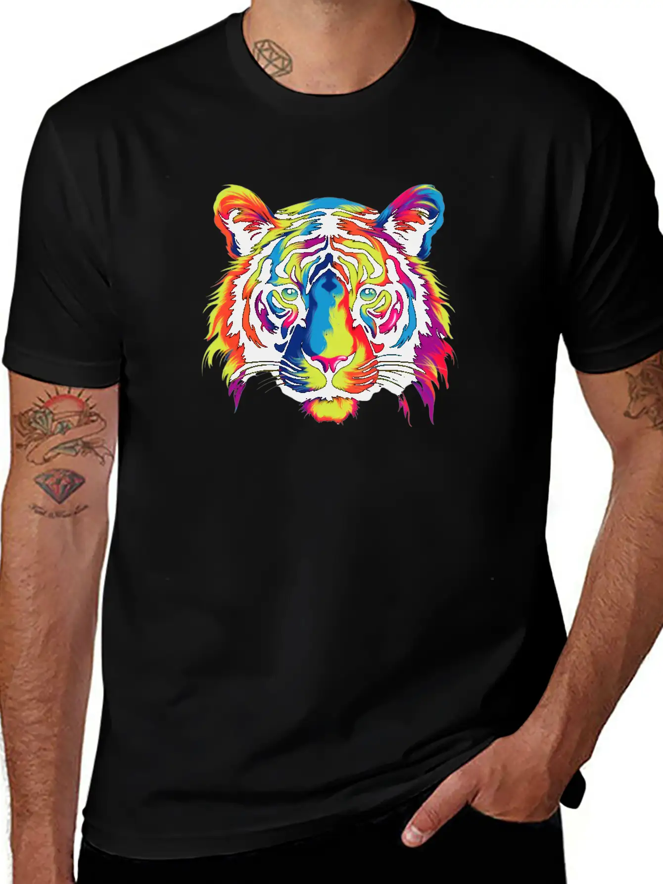 Colorful Modern Rainbow Tiger Face Sticker Unisex Casual T-Shirt – Clean Design For Daily Comfort