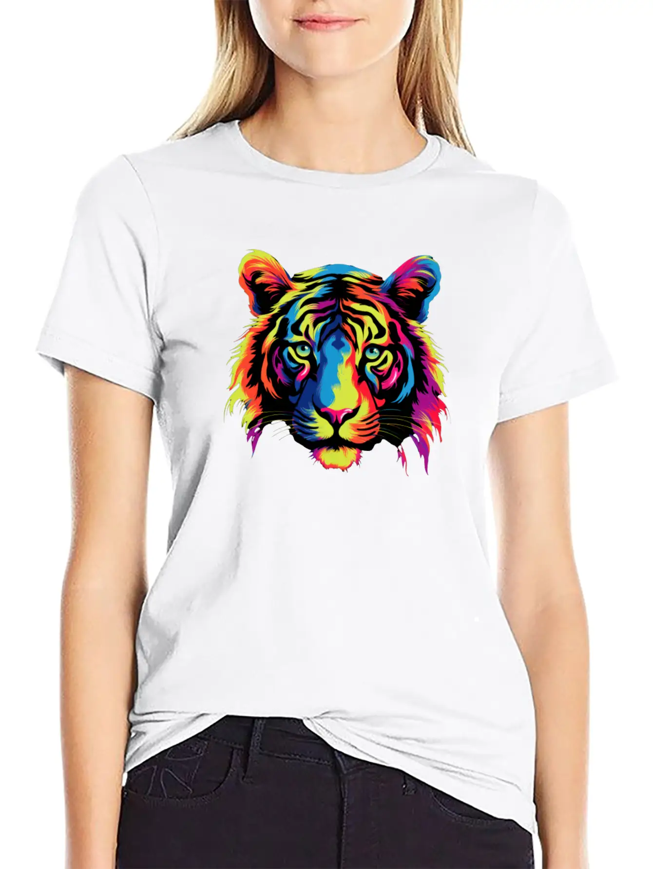 Colorful Modern Rainbow Tiger Face Sticker Unisex Casual T-Shirt – Clean Design For Daily Comfort