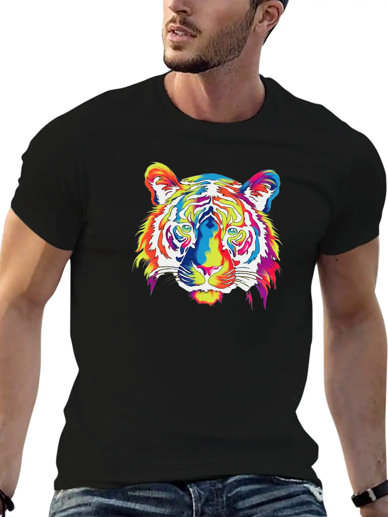 Colorful Modern Rainbow Tiger Face Sticker Unisex Casual T-Shirt – Clean Design For Daily Comfort