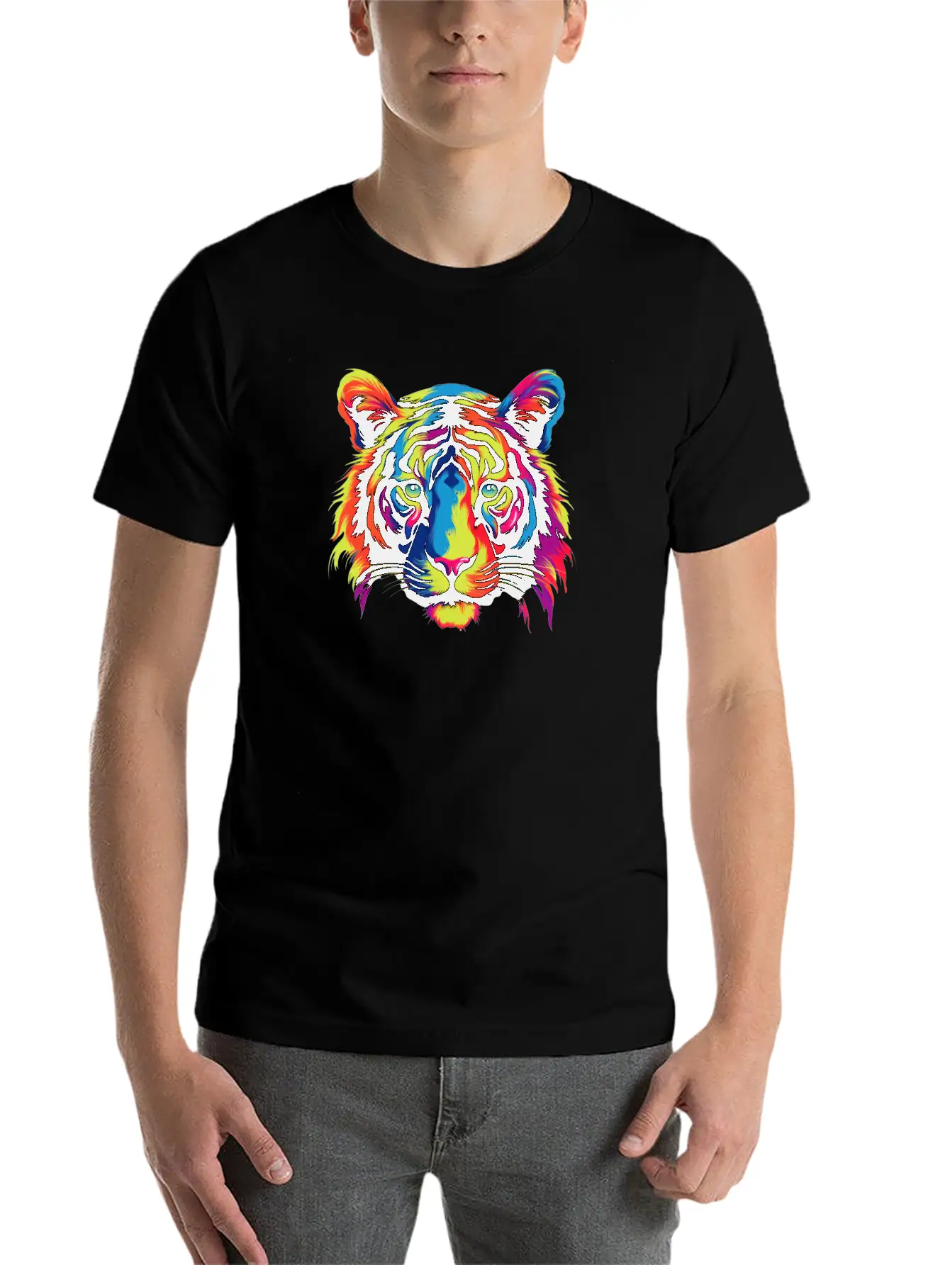 Colorful Modern Rainbow Tiger Face Sticker Unisex Casual T-Shirt – Clean Design For Daily Comfort