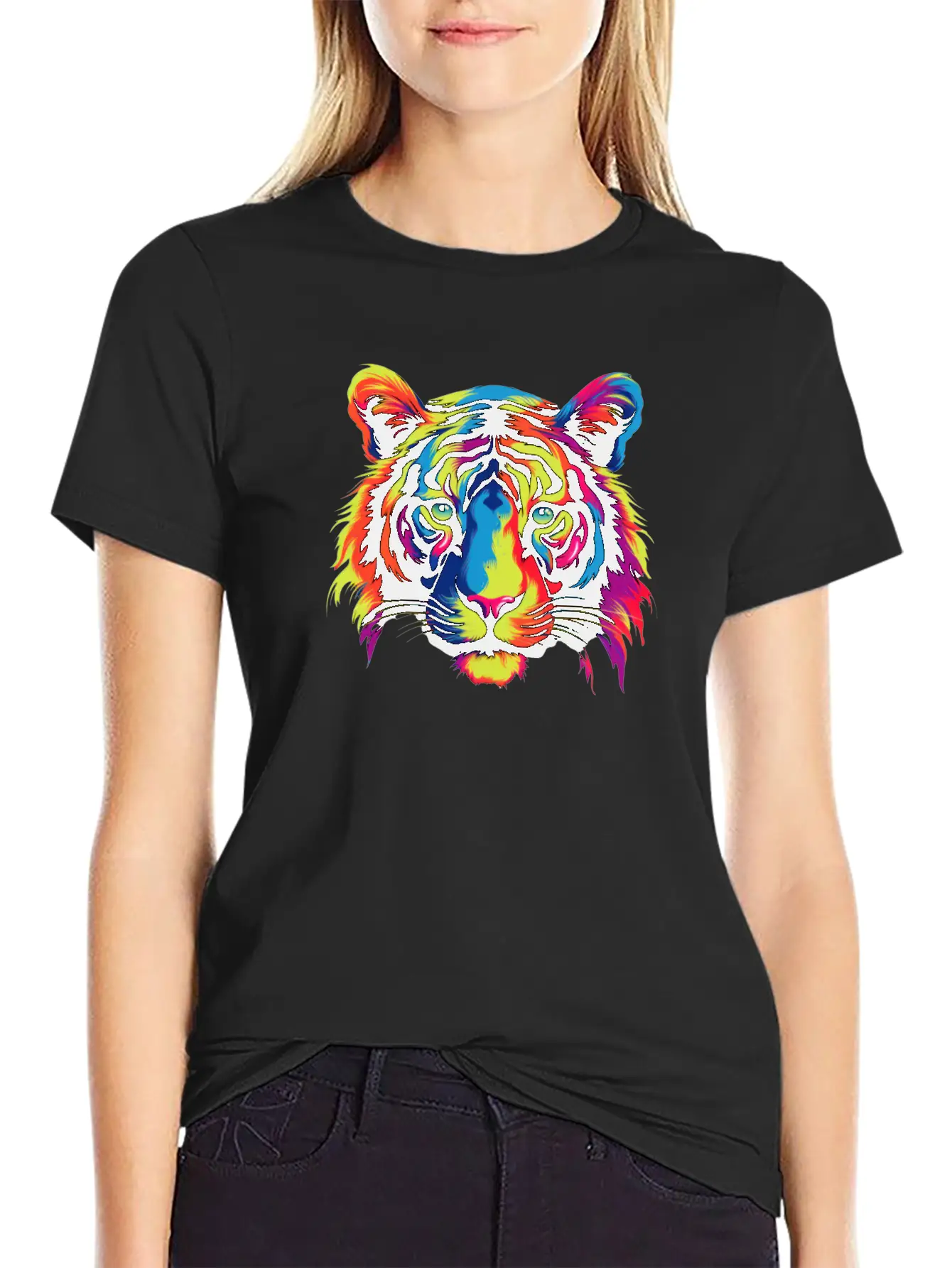 Colorful Modern Rainbow Tiger Face Sticker Unisex Casual T-Shirt – Clean Design For Daily Comfort