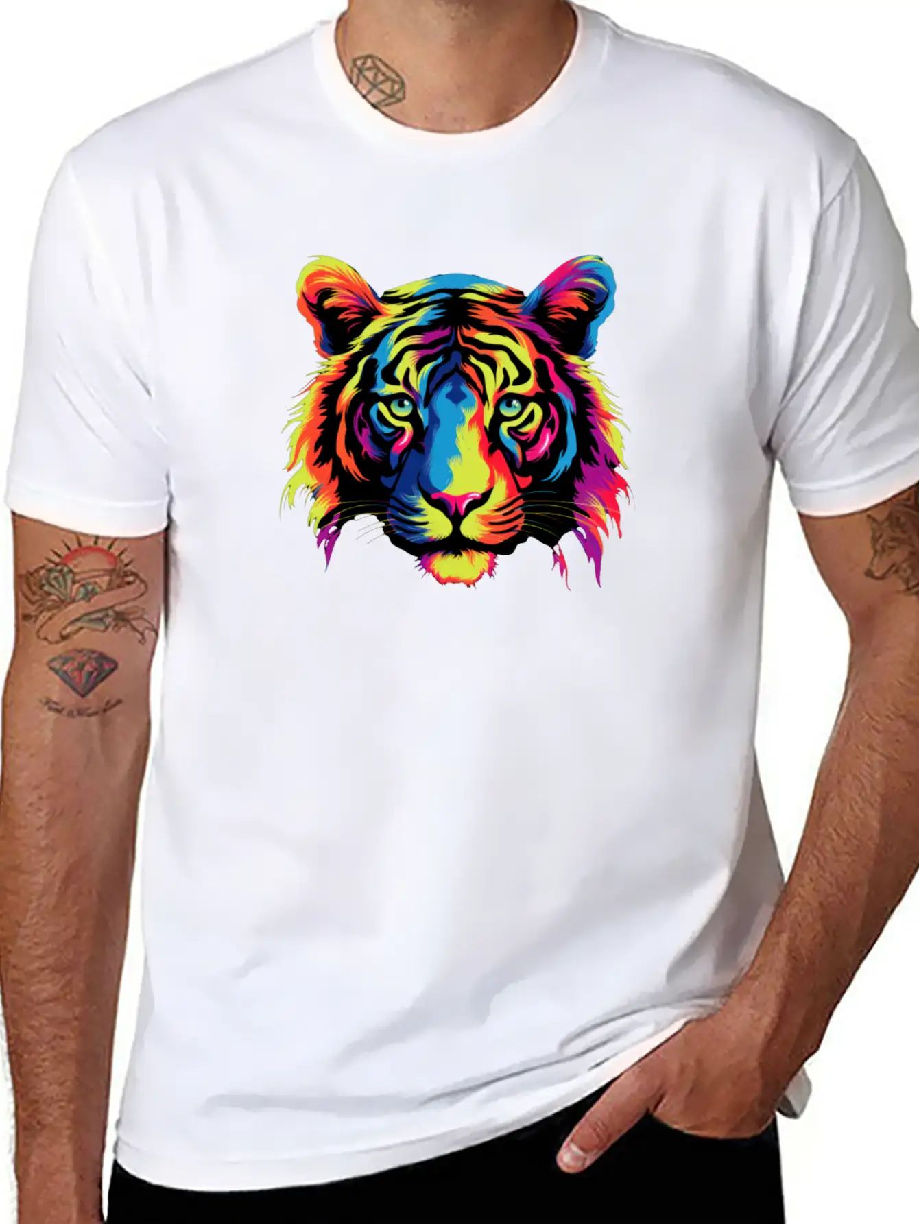 Colorful Modern Rainbow Tiger Face Sticker Unisex Casual T-Shirt – Clean Design For Daily Comfort