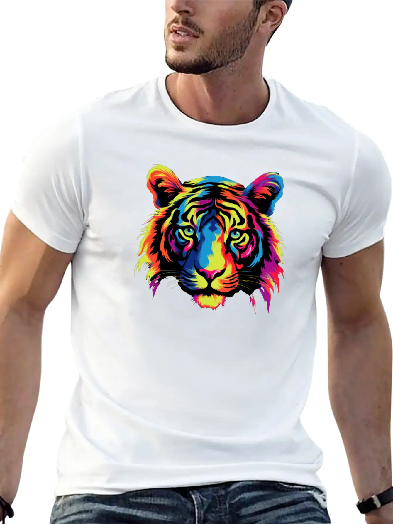 Colorful Modern Rainbow Tiger Face Sticker Unisex Casual T-Shirt – Clean Design For Daily Comfort