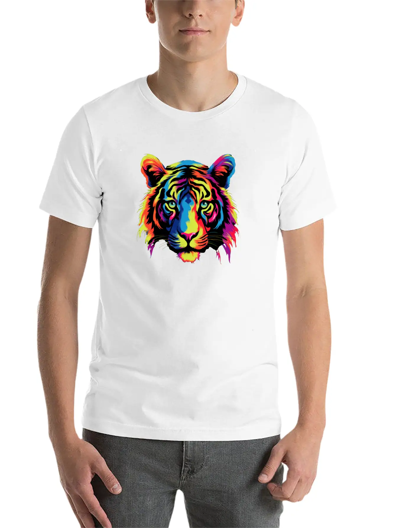 Colorful Modern Rainbow Tiger Face Sticker Unisex Casual T-Shirt – Clean Design For Daily Comfort