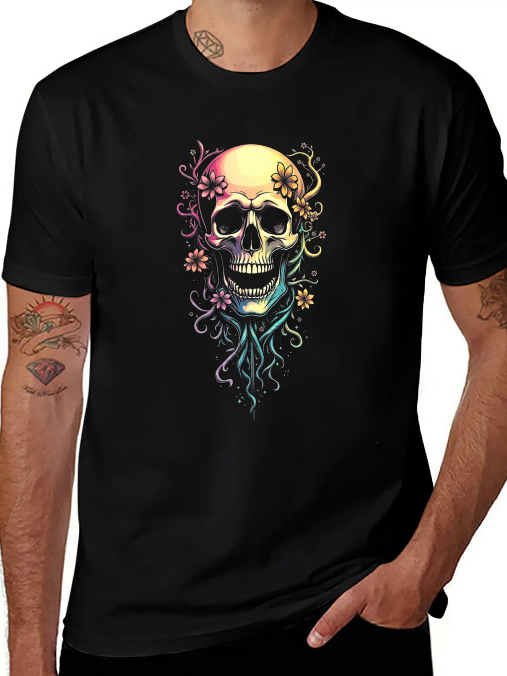 Colorful Skull Flowers Illustration Stylish Everyday T-Shirt – Unisex Basic Cotton Tee