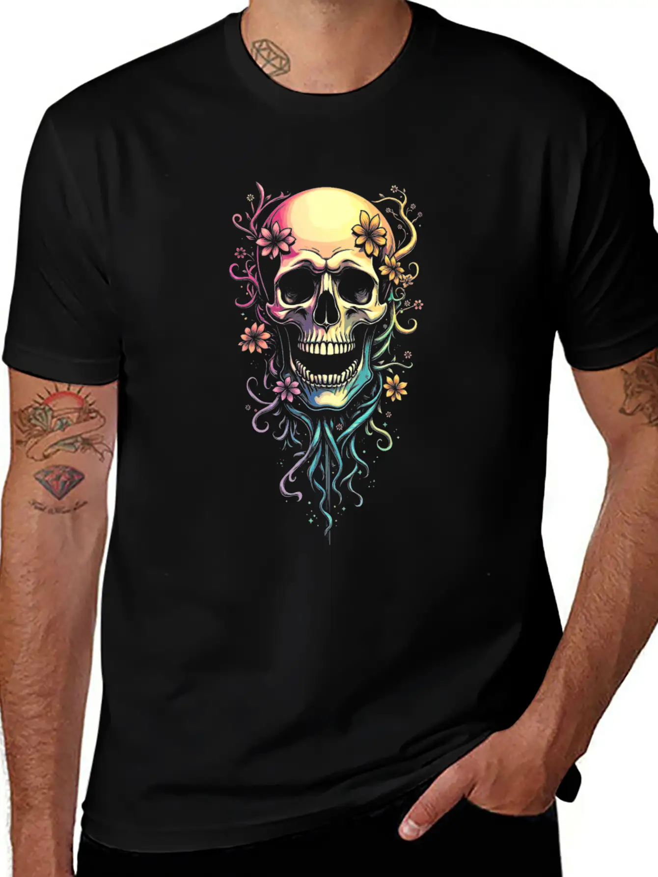 Colorful Skull Flowers Illustration Stylish Everyday T-Shirt – Unisex Basic Cotton Tee