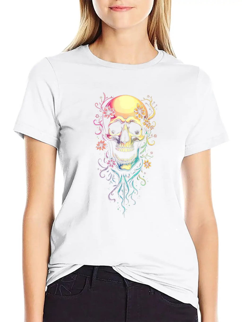 Colorful Skull Flowers Illustration Stylish Everyday T-Shirt – Unisex Basic Cotton Tee
